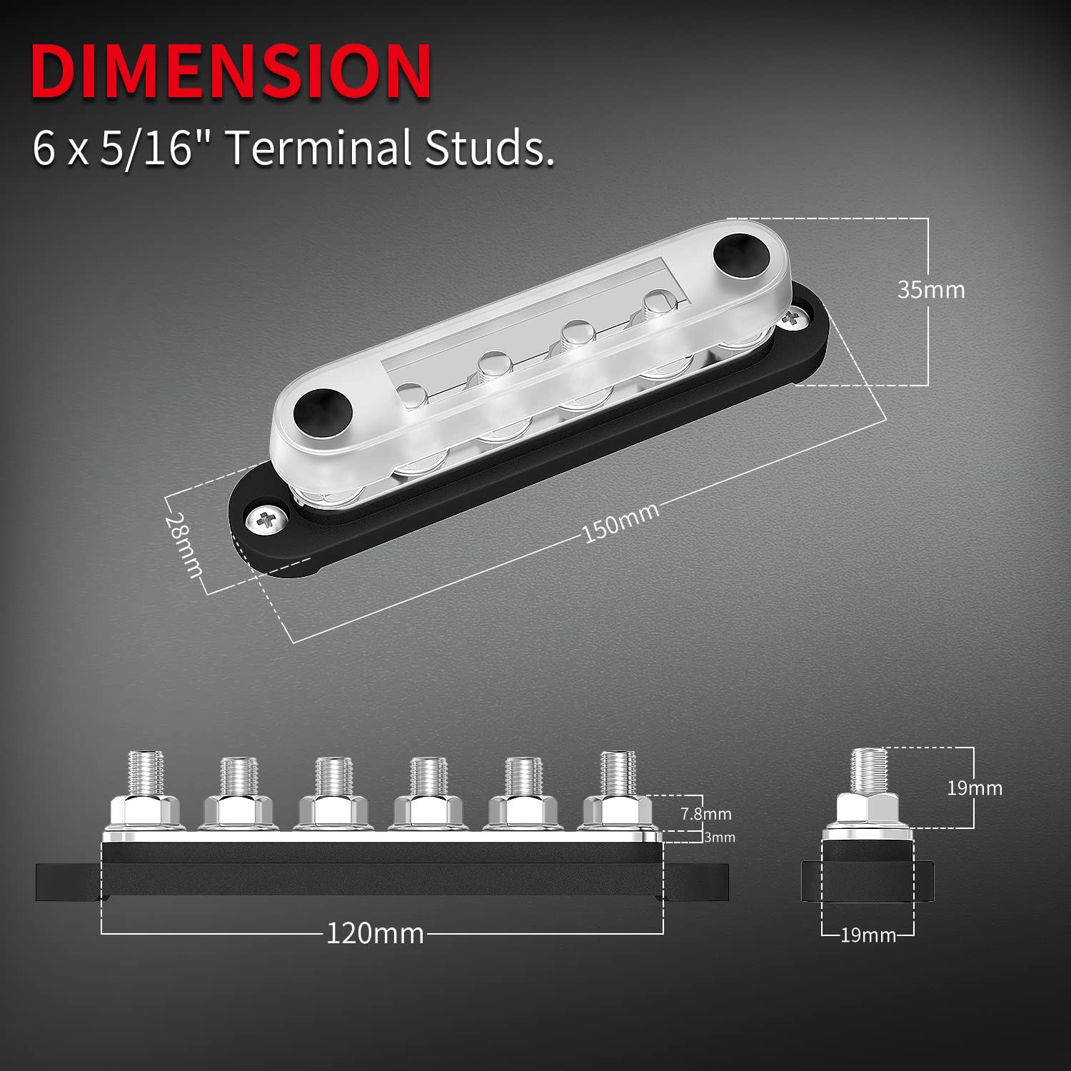 Daiertek 12V Bus Bar 6 X 5/16'' (M8) Terminal Studs 12 Volt Power Distribution Block With Cover Battery Bus Bar 12V   48V Positi