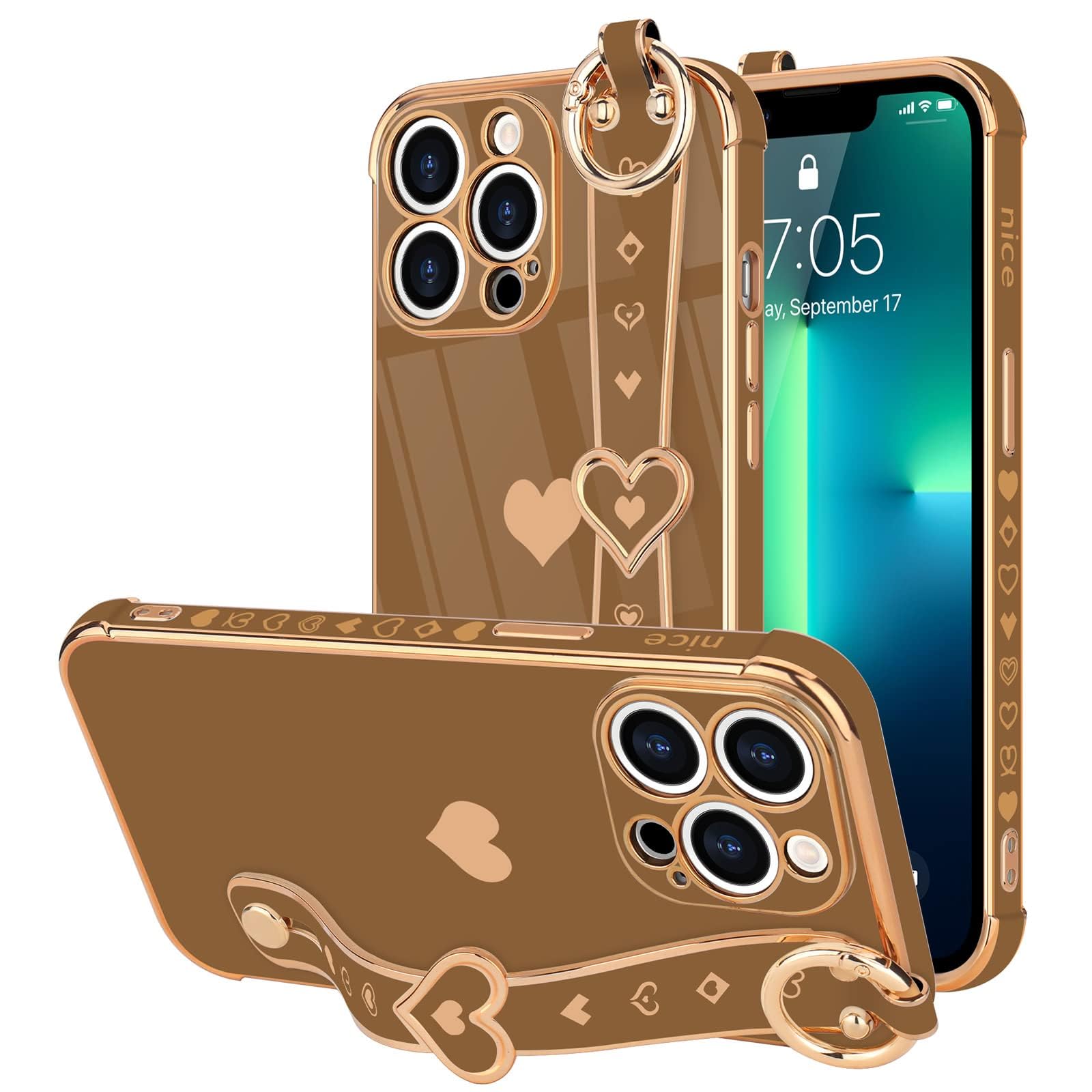 Llz. Coque For Iphone 13 Pro Max Case Cute Love Heart Plating Strap Phone Cover For Women Girlss Bling Silicone Camera Lens Prot