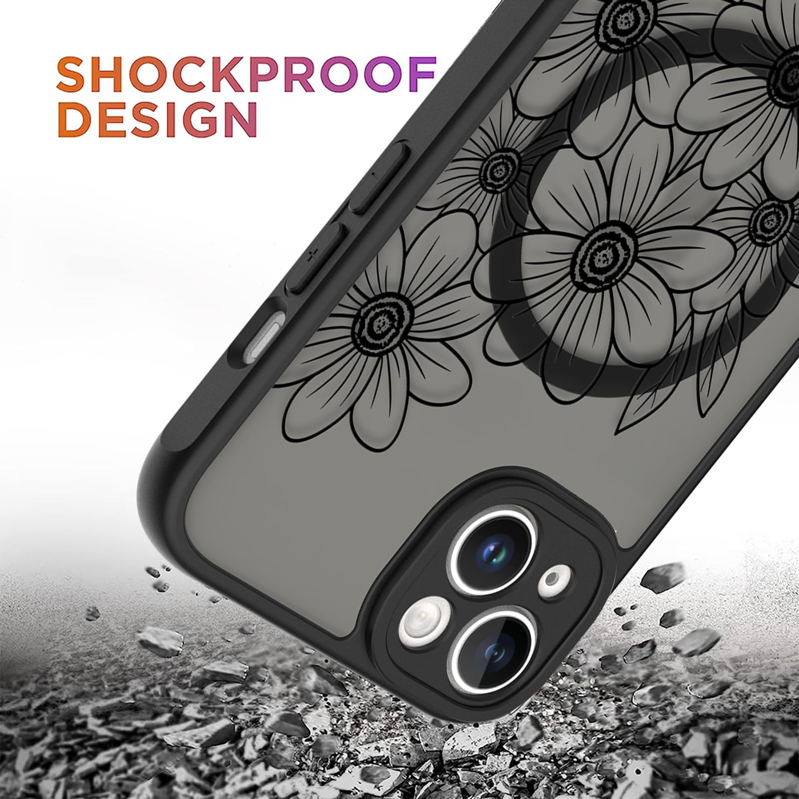 Ook Magnetic For Iphone 13 Case Black Flower Sunflower Pattern [Compatible With Magsafe] Slim Translucent Matte Camera Lens Prot