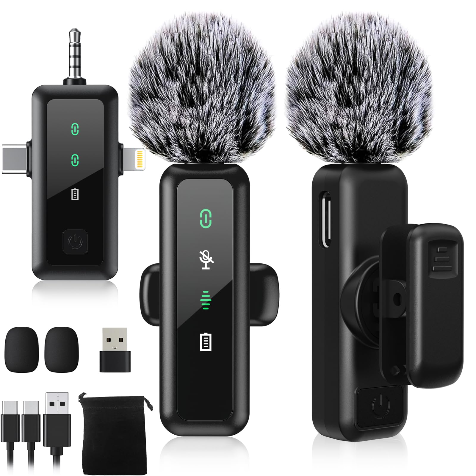 3 IN 1 Wireless Lavalier Microphones for iPhone/Android/Camera Devices(Lightning/USBC/3.5 mm Jack), 2 Pack Mini LED Display Lape
