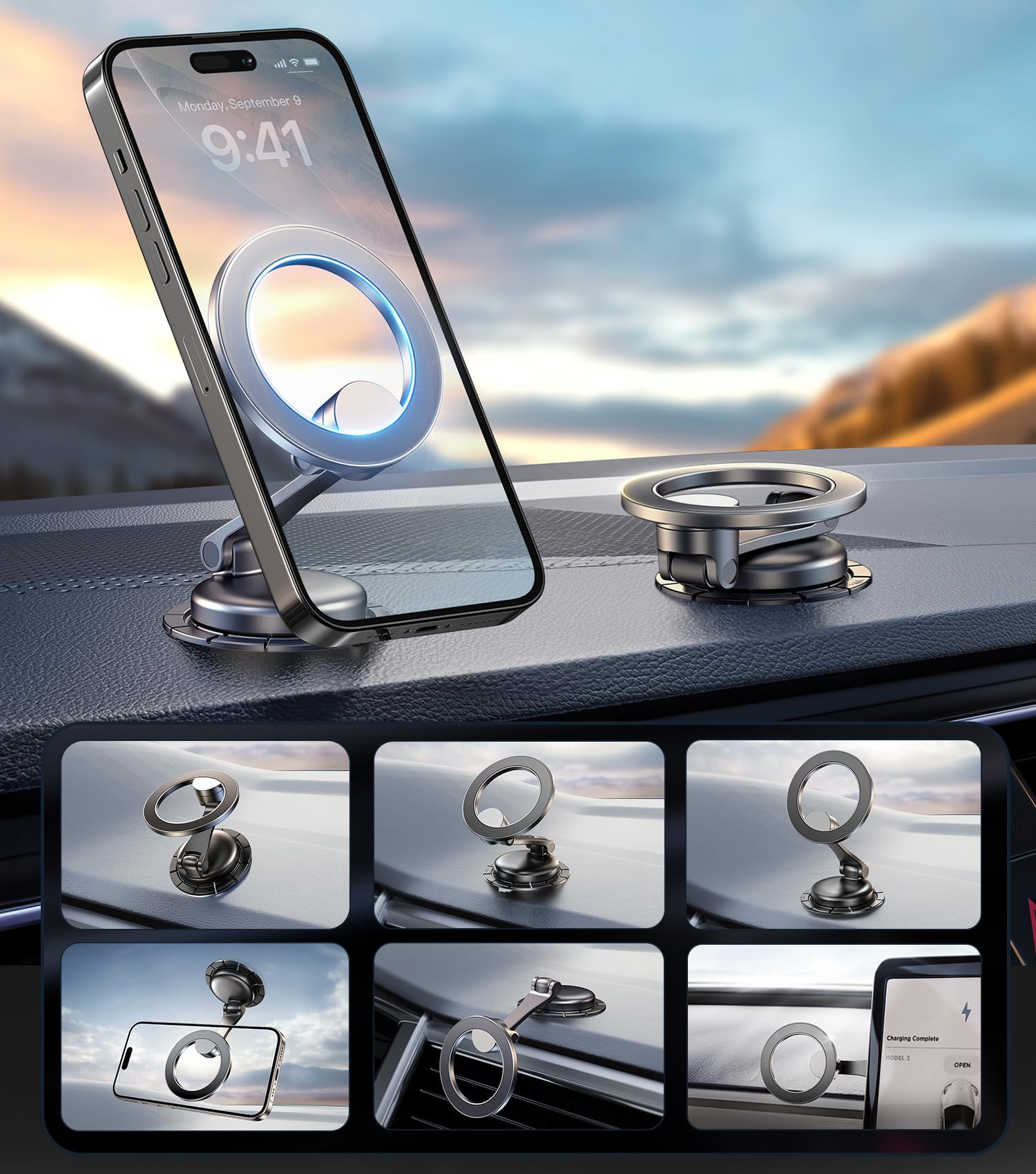 Aredan Folding Car Phone Holder Mount For Magsafe, All Metal, Dashboard Windshield Vent Magnetic Mount, Minimal Space Design, Be