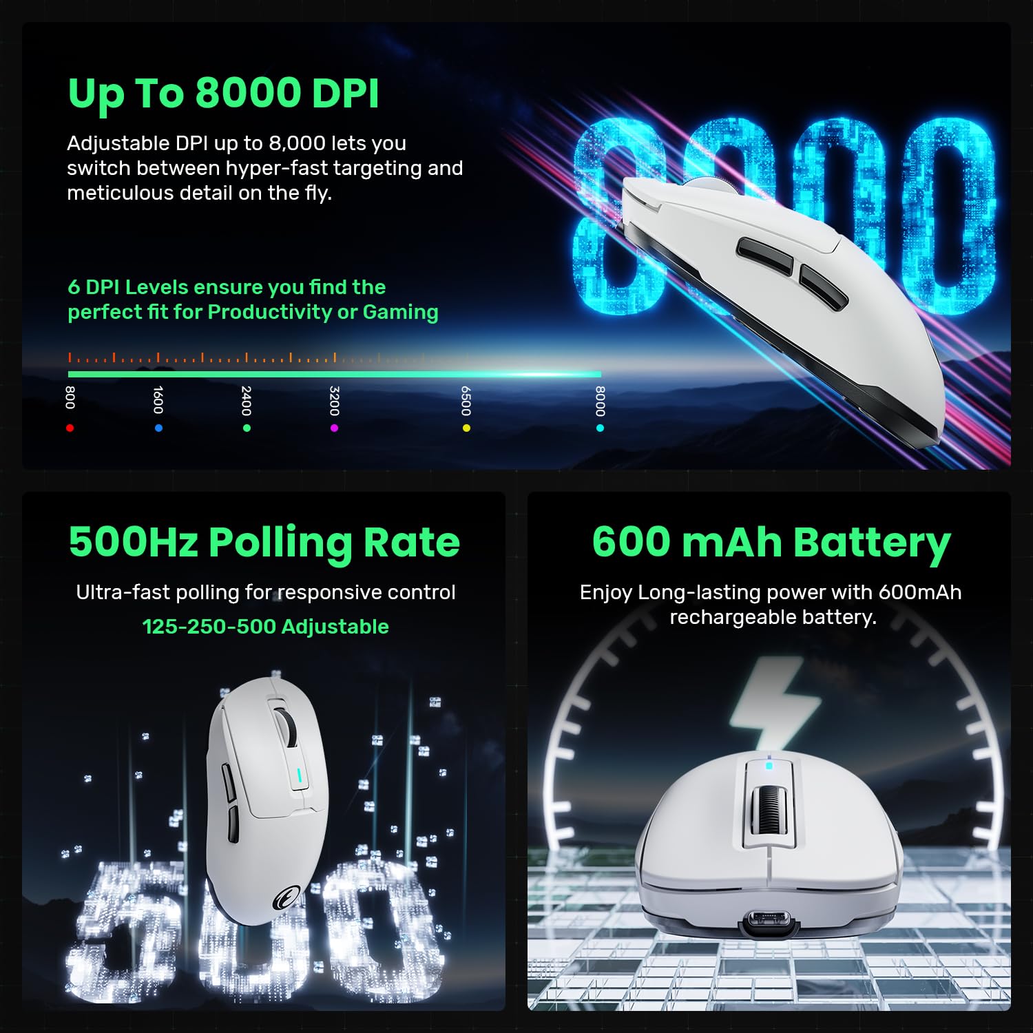 Ifyoo G59 2.4G/Bt/Wired Wireless Gaming Mouse, Rechargeable Usb Type-C Wireless Game Mouse, 6 Adjustable Dpi, Max 8000 Dpi, 60G