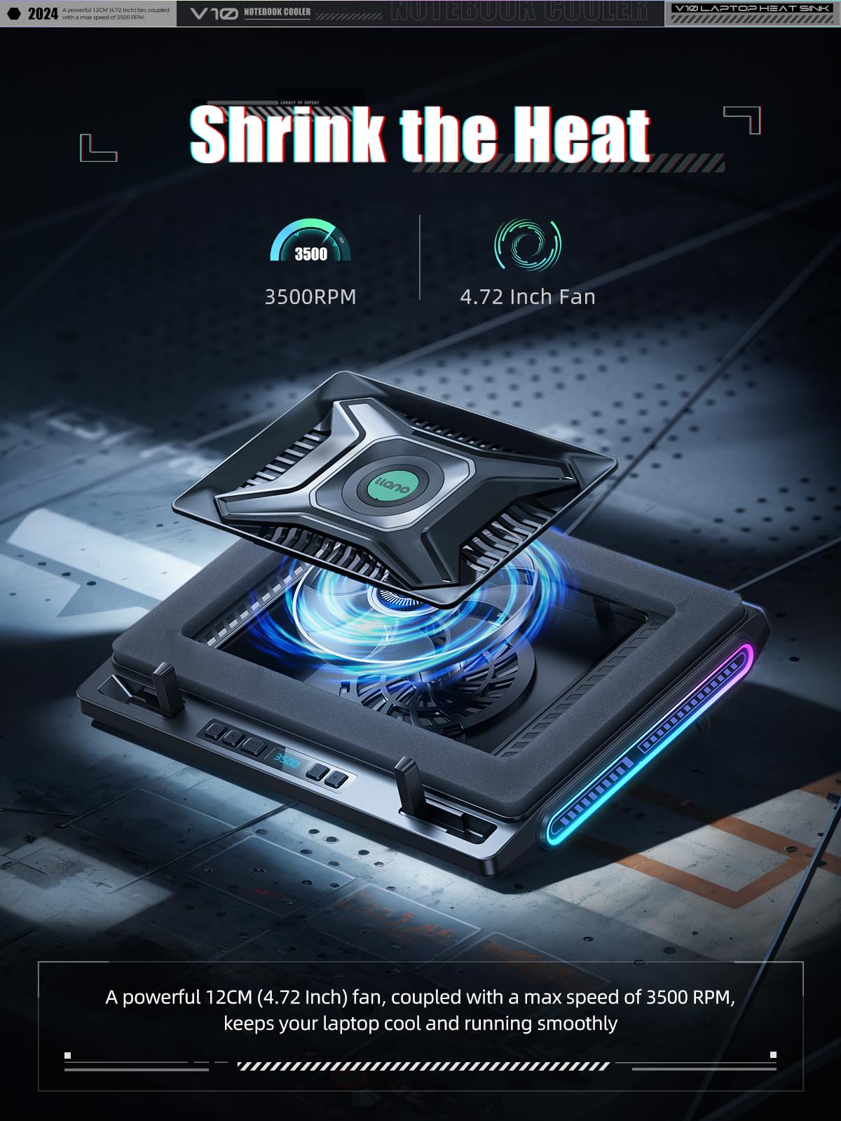 Llano V10 Gaming Laptop Cooler, Rgb Laptop Cooling Pad Stand With Powerful 4.72 Inch External Turbo Cooling Fan, Fast Cooling Co