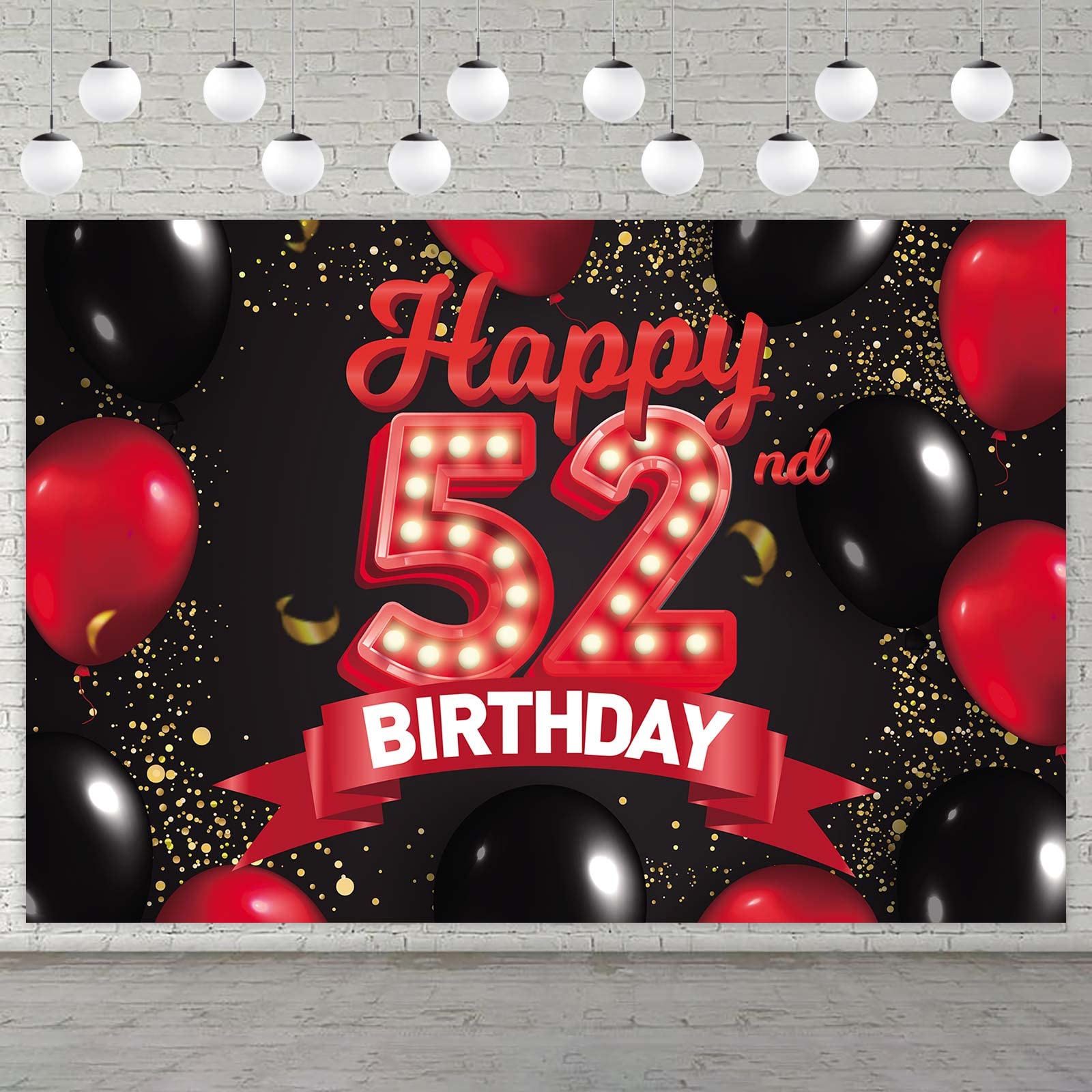 Happy 52Nd Birthday Red And Black Banner Backdrop Decorations Balloons Theme Decor For Girls Women Princess 52 Years Old Birthda
