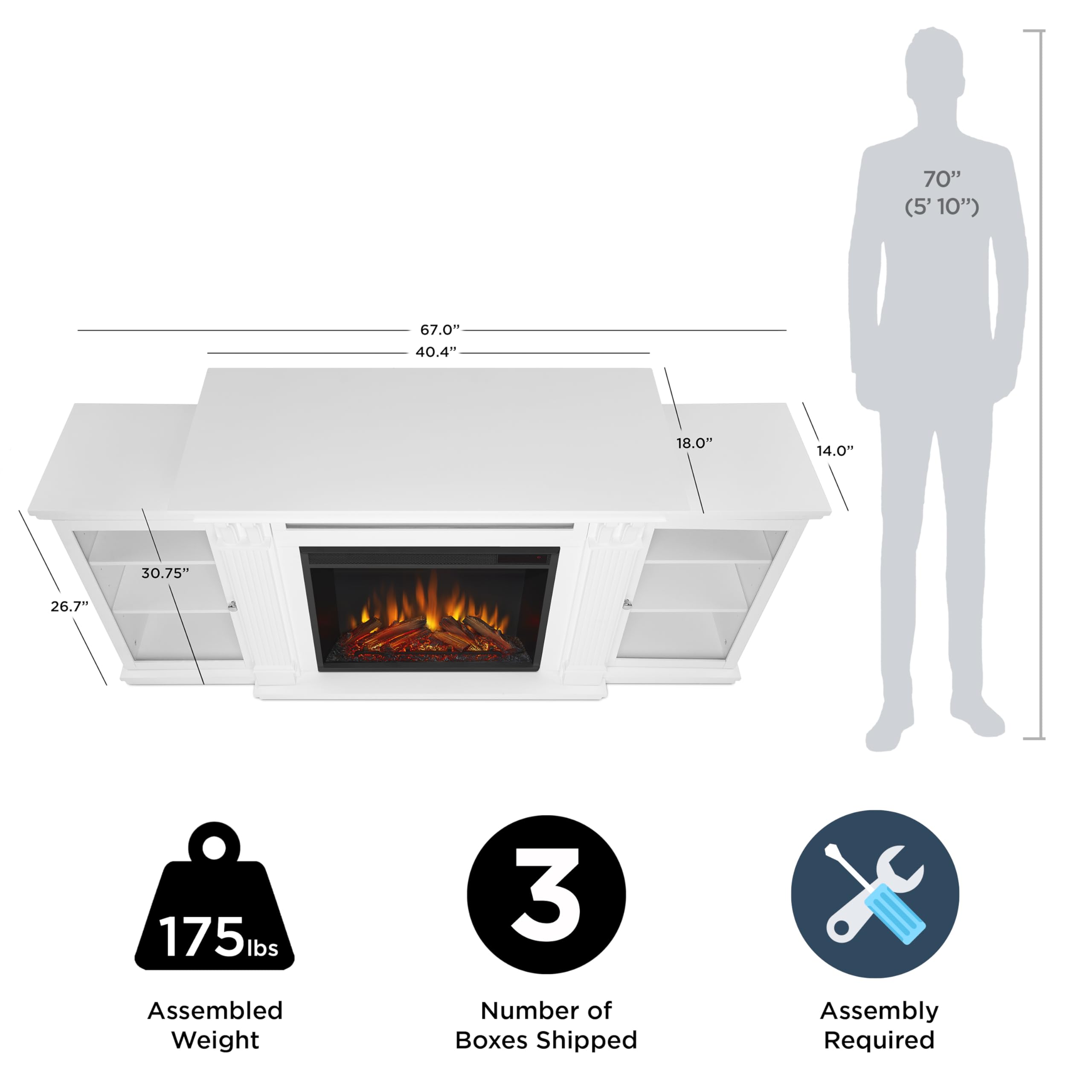 Real Flame Calie 67'' Tv Stand With Electric Fireplace In White, Entertainment Center With Electric Fireplace, Living Room Tv St