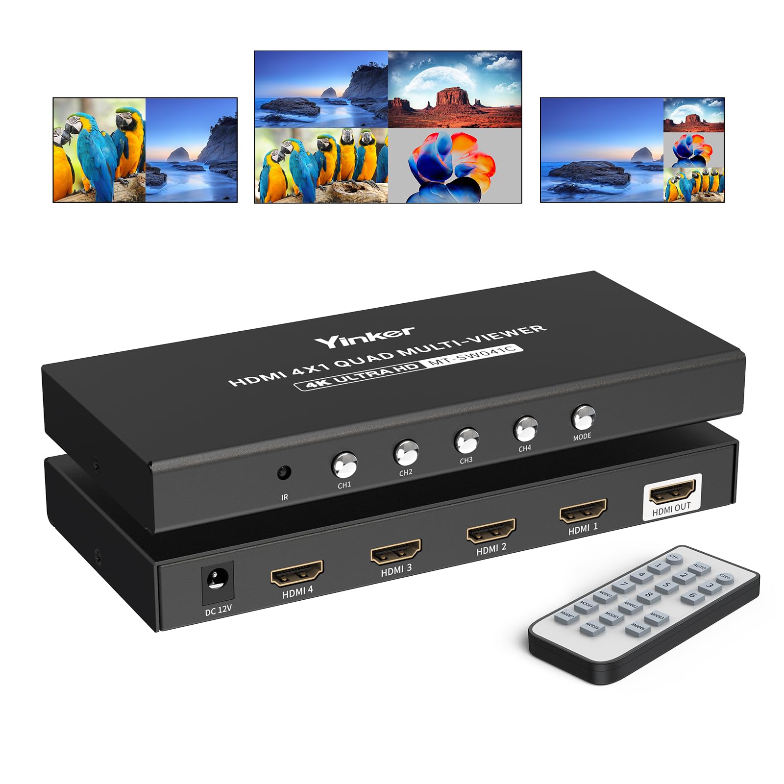 4K Hdmi Multiviewer 4X1, Yinker 4K@30Hz Seamless Hdmi Quad Switcher 4 In 1 Out For Security Camera, Gaming Consoles, Single/Quad/Dual/Pbp Modes With Ir Remote
