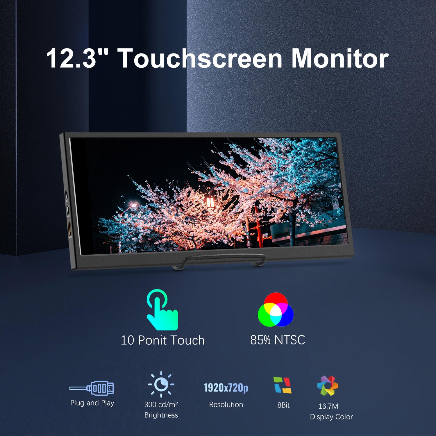 12.3 Inch Touchscreen Secondary Monitor, Ips Stretched Bar Lcd Travel Touch Display 1920 * 720 Hdmi Usbc, Portable Touch Screen