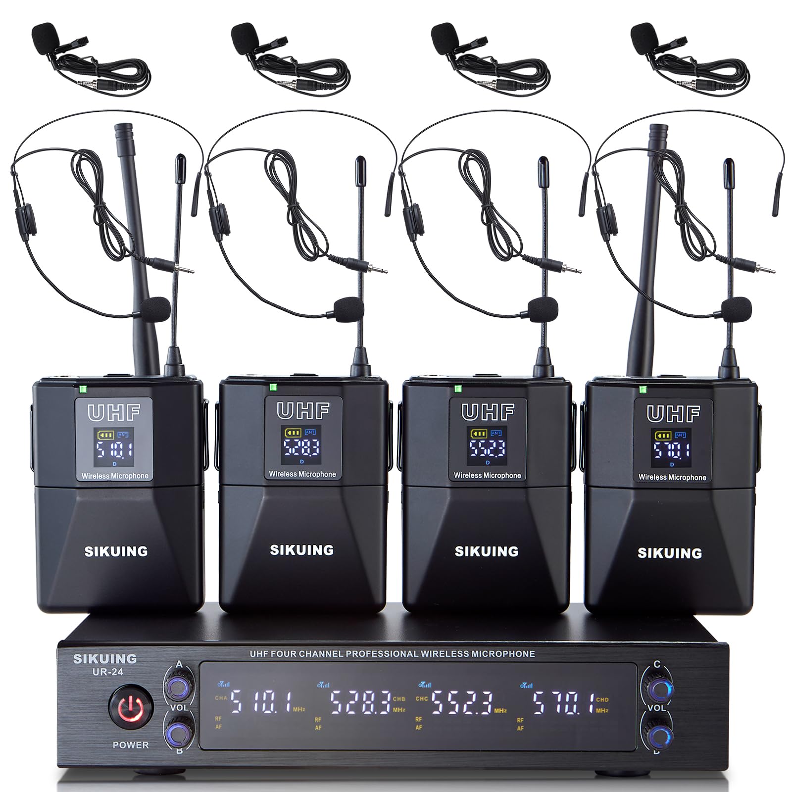 Sikuing 4 Channel Uhf Wireless Microphone System With Lavalier Headset Mics, 4X50 Adjustable Frequencies, Ideal For Karaoke Meet