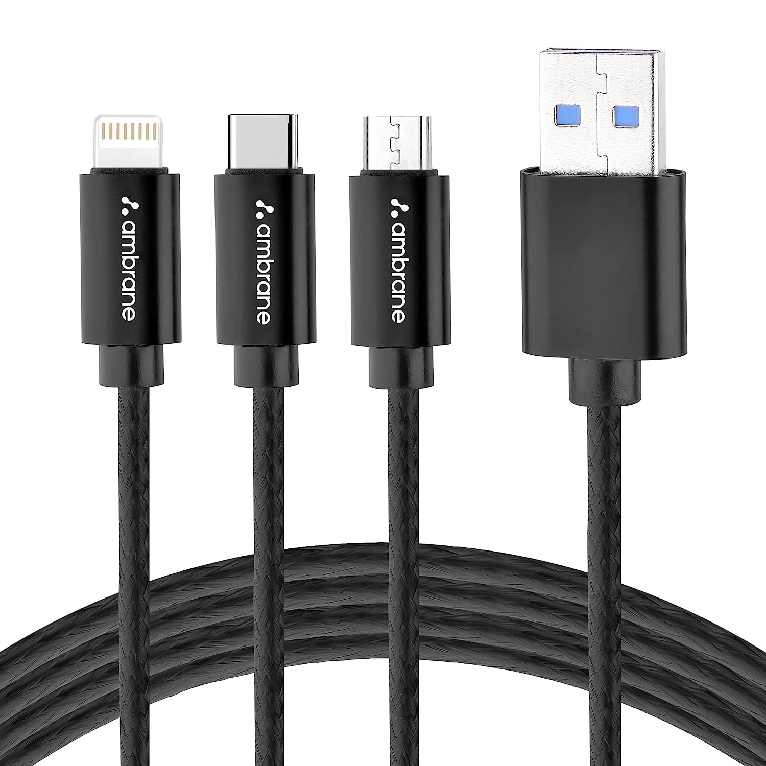 Ambrane Unbreakable 3 in 1 USB Fast Charging Cable with Type C, Lightning, Micro USB Port with 2.1 A, Compatible with iPhone, iP