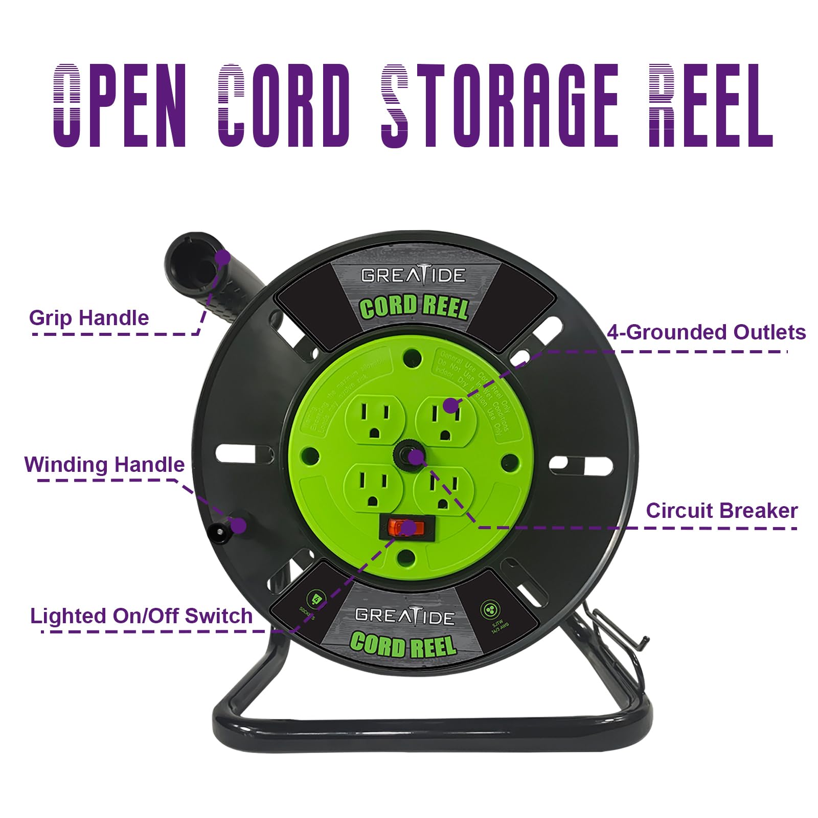 Greatide Heavy Duty Extension Cord Storage Reel With 4Grounded Outlets, 10A Circuit Breaker, Retractable Hand Wind, Portable Emp