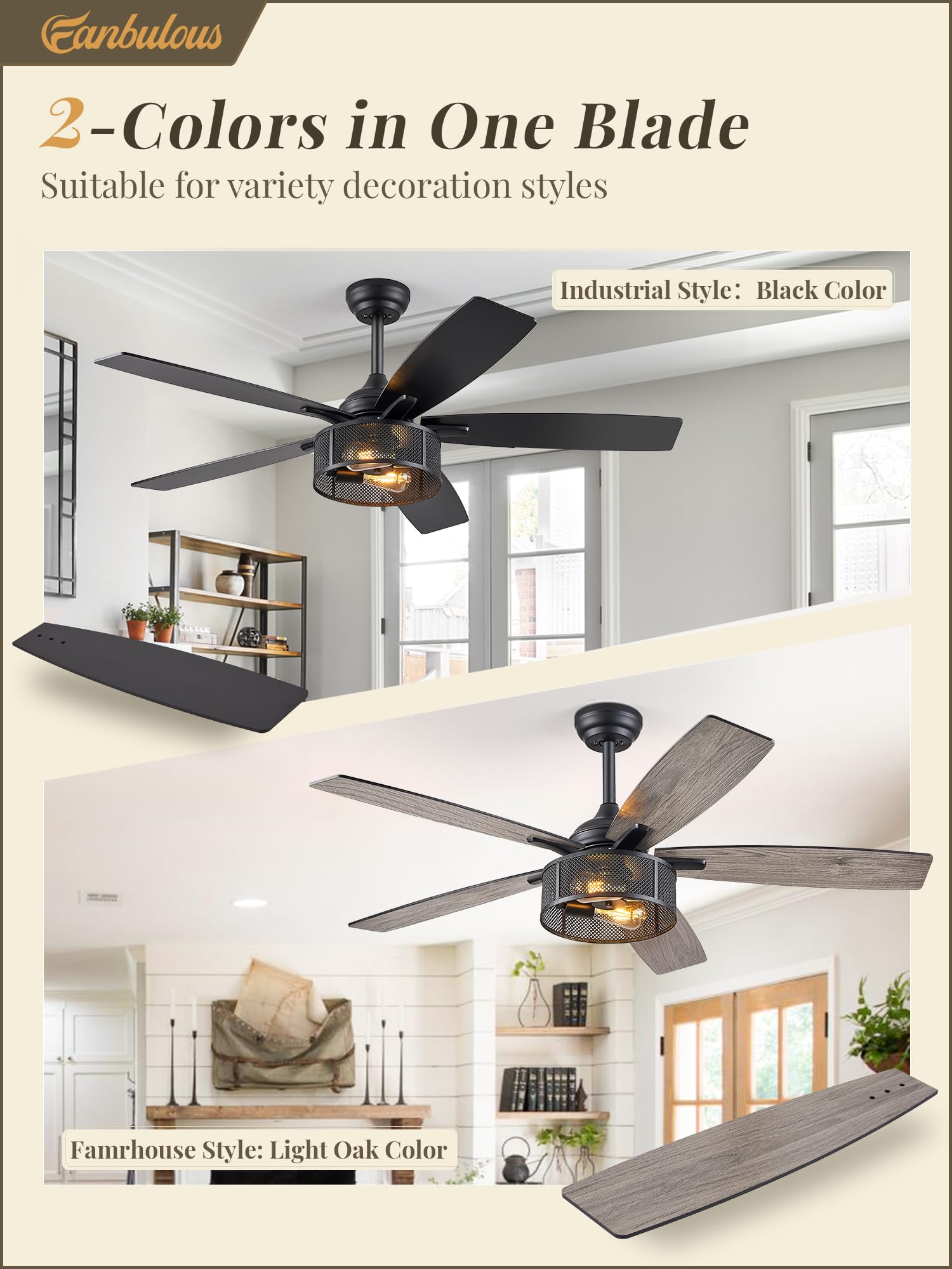 Farmhouse Ceiling Fans With Lights And Remote, 52 Inch Black Industrial Caged Ceiling Fans For Bedroom Living Room Kitchen, 6 Sp
