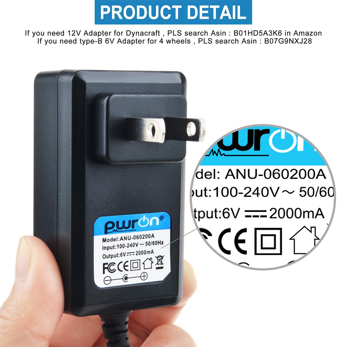 Pwron 6.6 Ft 6V Battery Charger For Dynacraft Spiderman Coupe Kids Electric Ride On Sports Car Quads (!!!Note: Not For 12V)