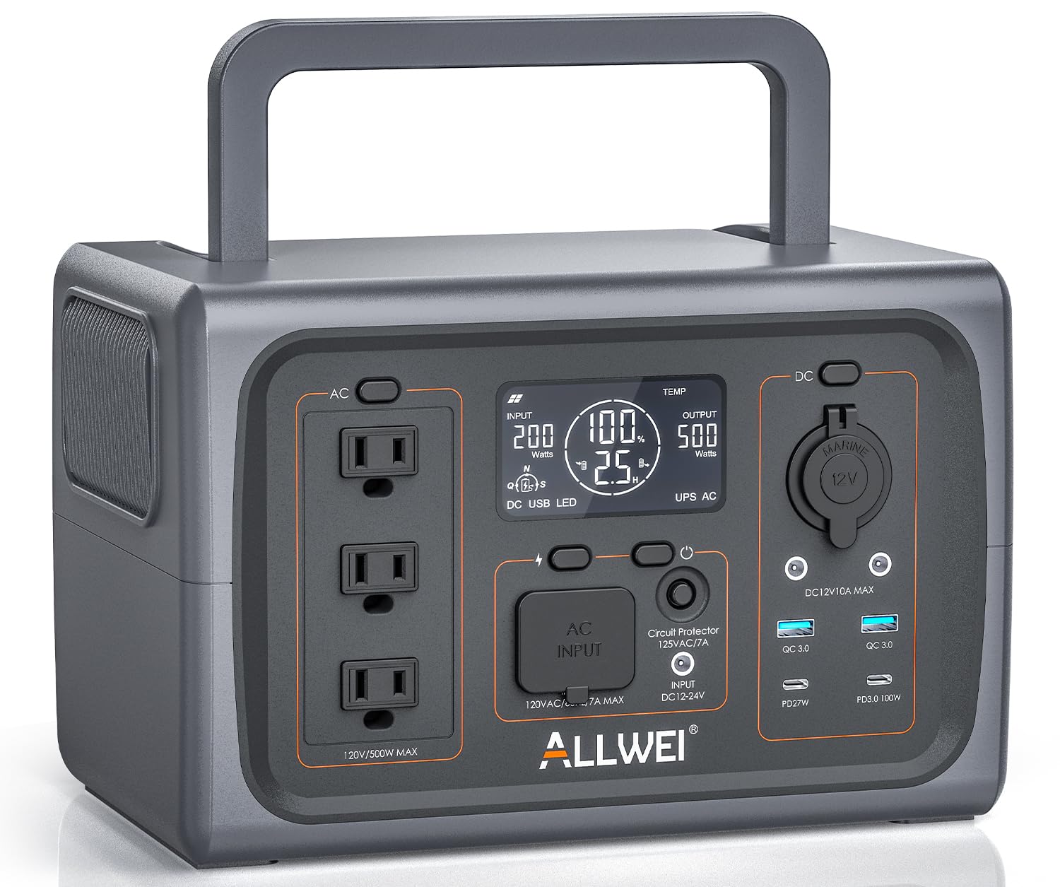 Allwei Portable Power Station 500W, 512Wh Lifepo4 Battery, Ups Function, 2.5Hrs Fast Charge, 3 Ac Outlets(Surge 1000W), Solar Ge