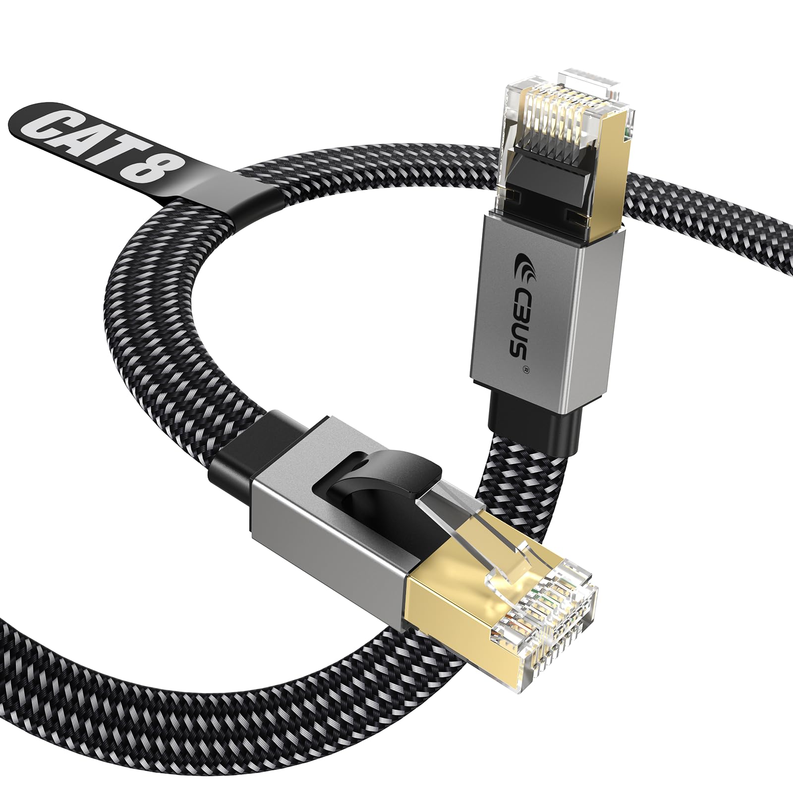 CBUS CAT 8 Ethernet Cable, 1.5ft Flat Braided Pure Copper 30AWG F/FTP with Ground, 40Gbps 2000MHz, Slim LAN Cable for Home & Off