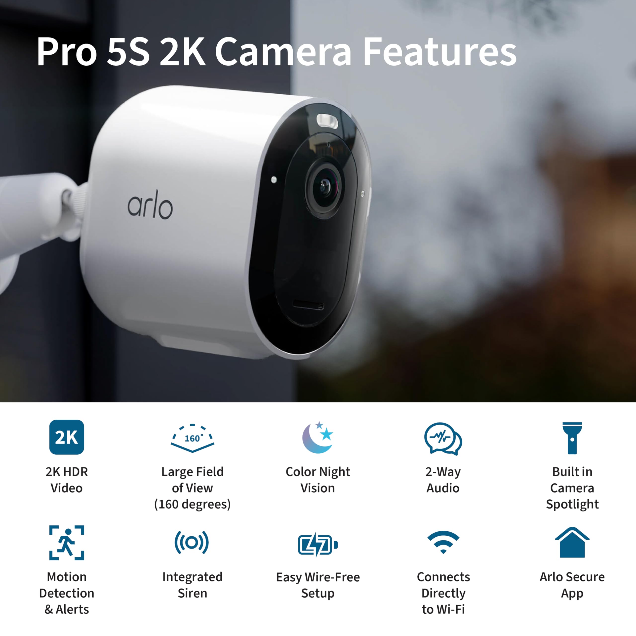 Arlo Pro 5S Spotlight Security Camera 2K Hdr | Outdoor | Wireless With Spotlight | Dual Band Wi Fi Connects To Strongest Network