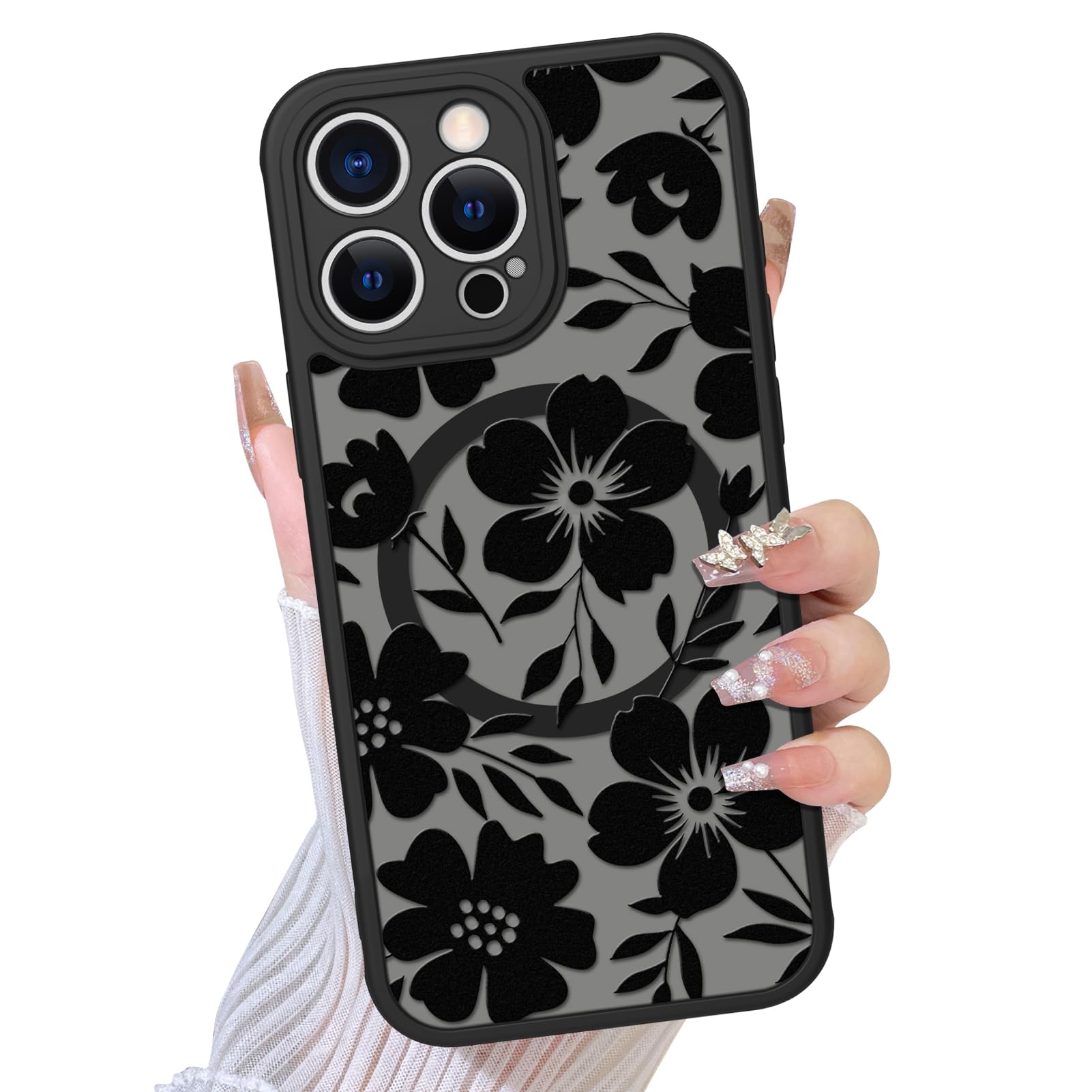 TEAUGHT Compatible with iPhone 15 Pro Case Support for MagSafe Cute Pattern Floral Flower Camera Protection Matte Skin-Touch Cov