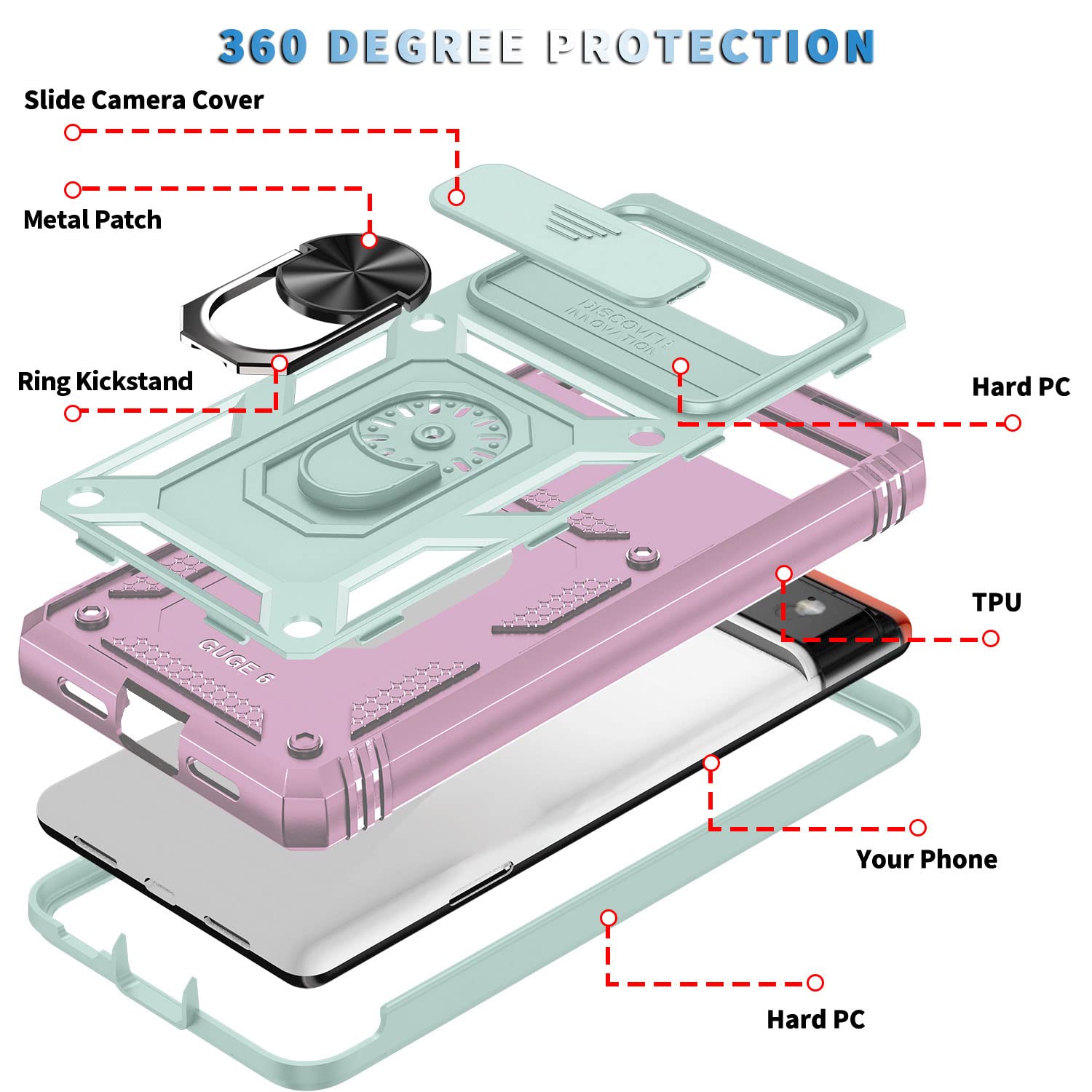 Fetrim Case For Google Pixel 6, Camera Cover Phone Case With Rotation Ring Stand For Google Pixel 6   Green Pink