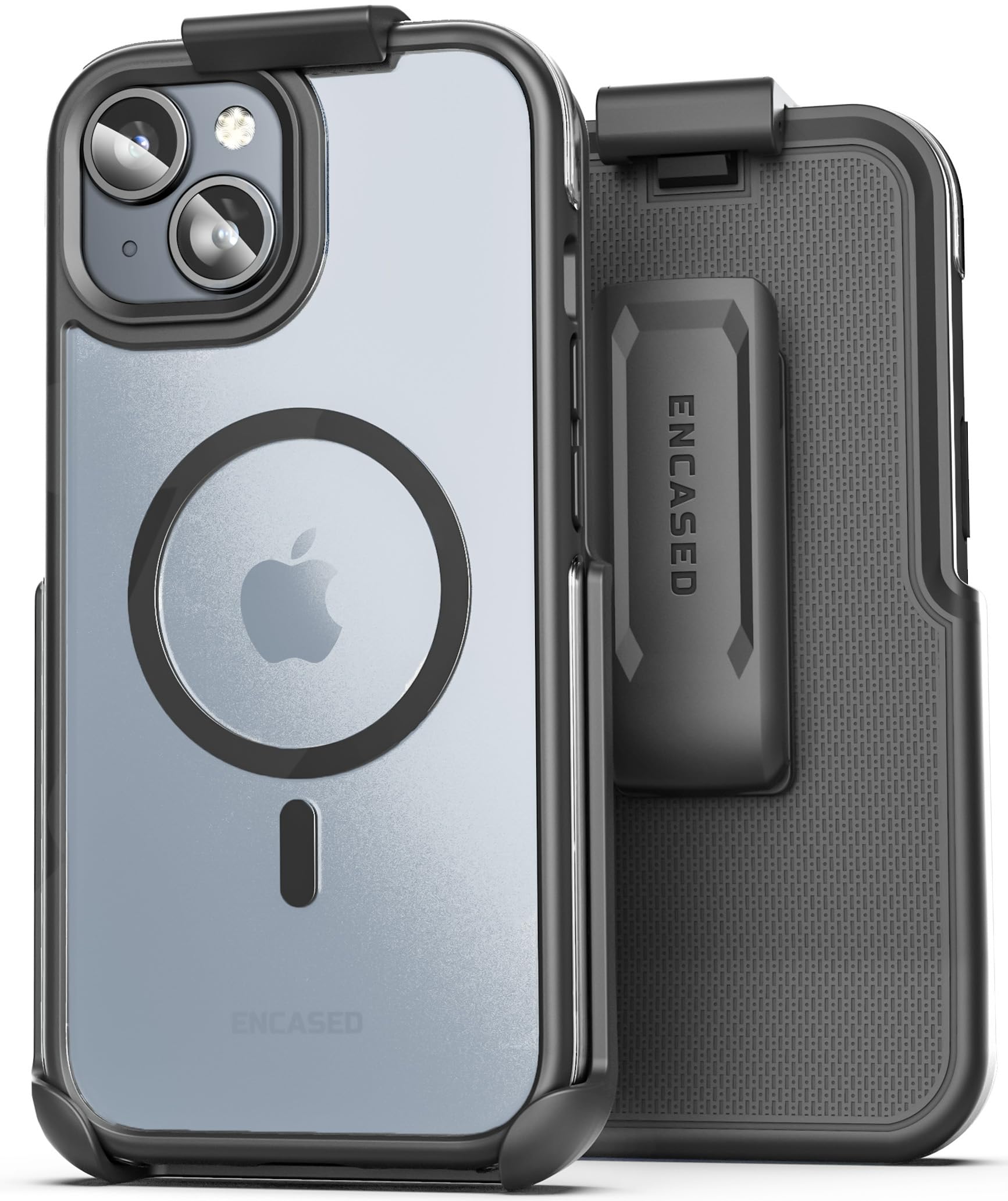 Encased MAG Belt Case Designed for iPhone 15 Case with Holster Clip - Protective AirGuard Technology (Black/Clear) Compatible wi