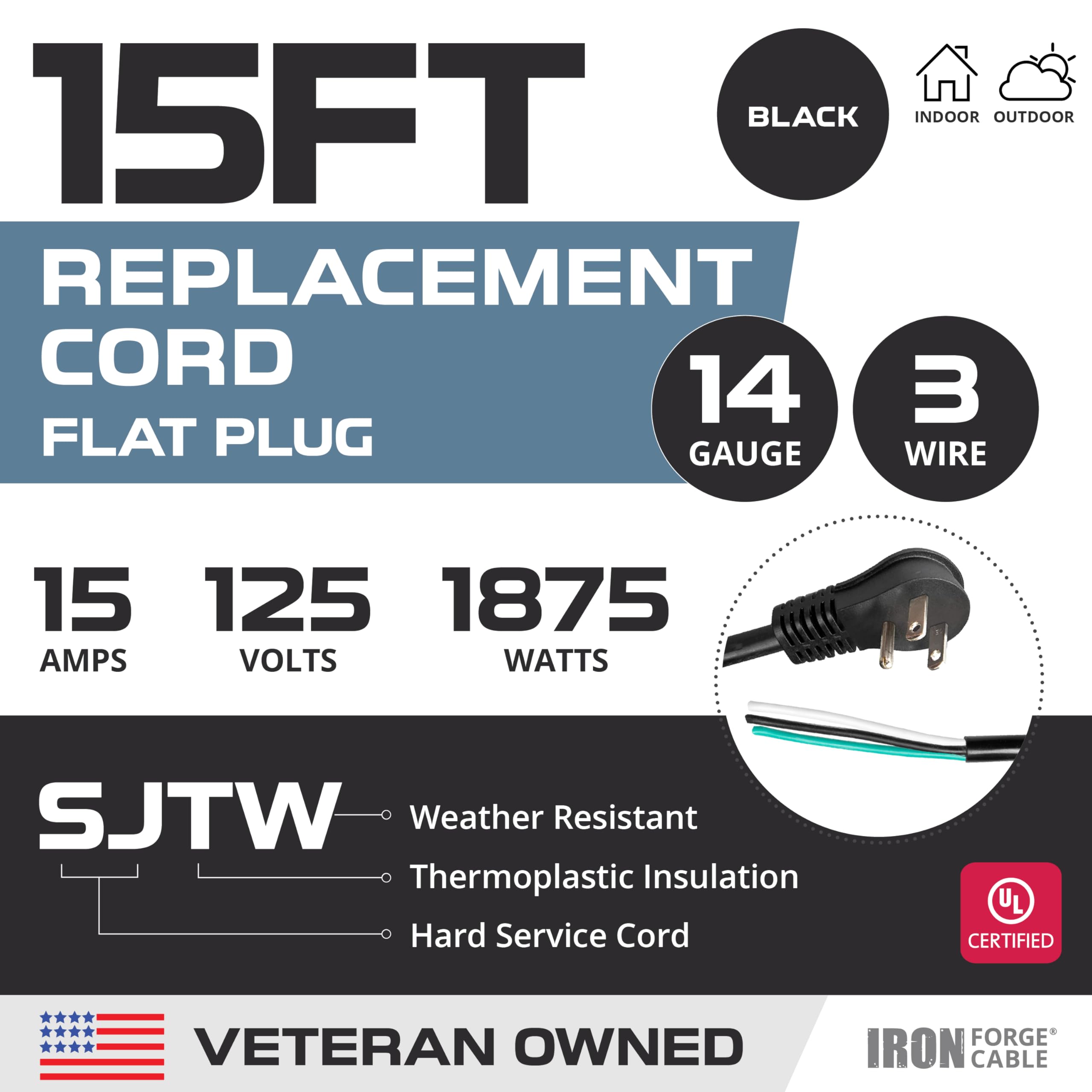 Iron Forge Cable 15 Amp Flat Plug Power Cord Replacement 15 Ft With Open End, 14 Gauge Slim Plug Replacement Cord 3 Prong, 14/3