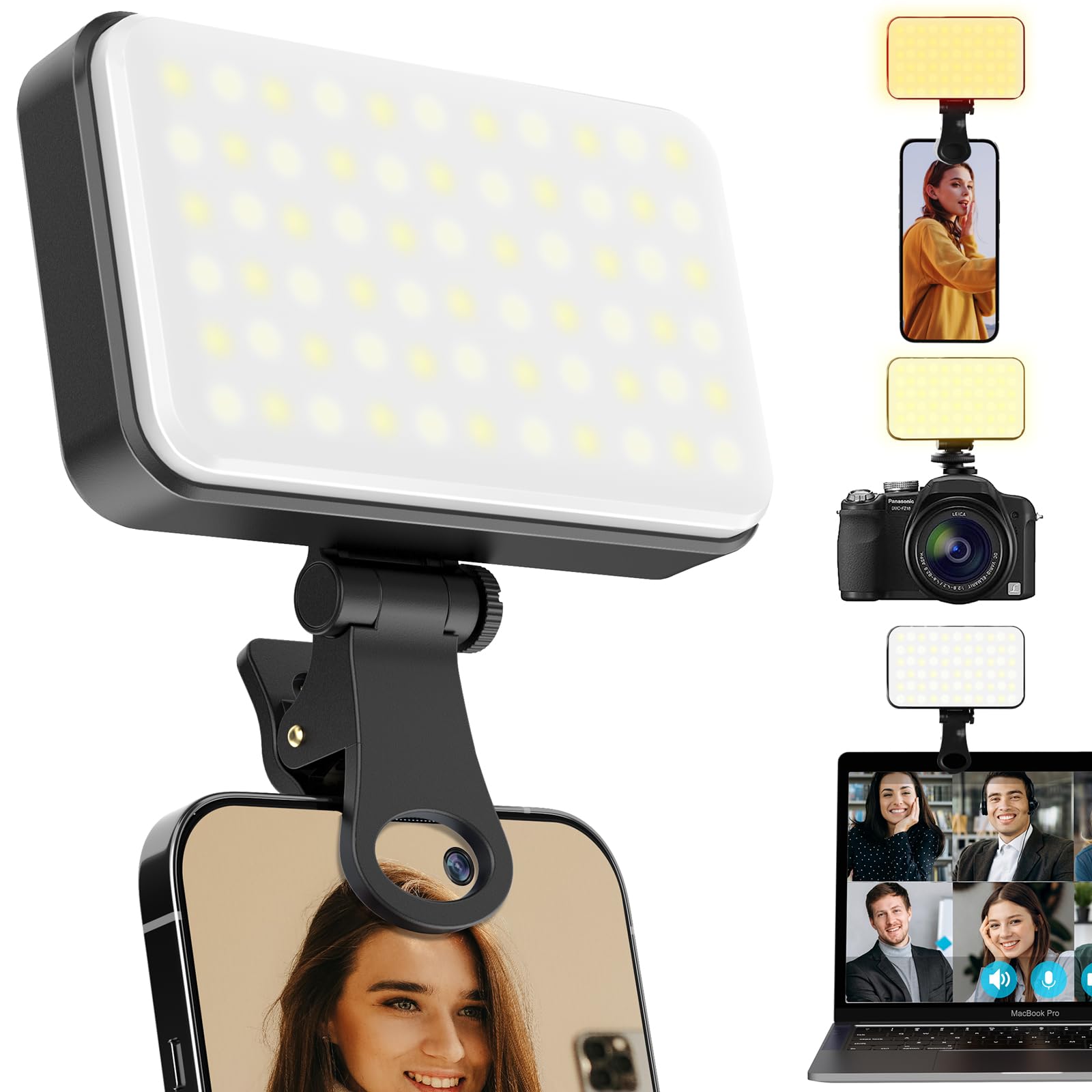 Selfie Light, Clip On Portable Phone Light, 3 Colors & 5 Brightness Dimmable, With Camera Screw Mount, Rechargeable Video Confer