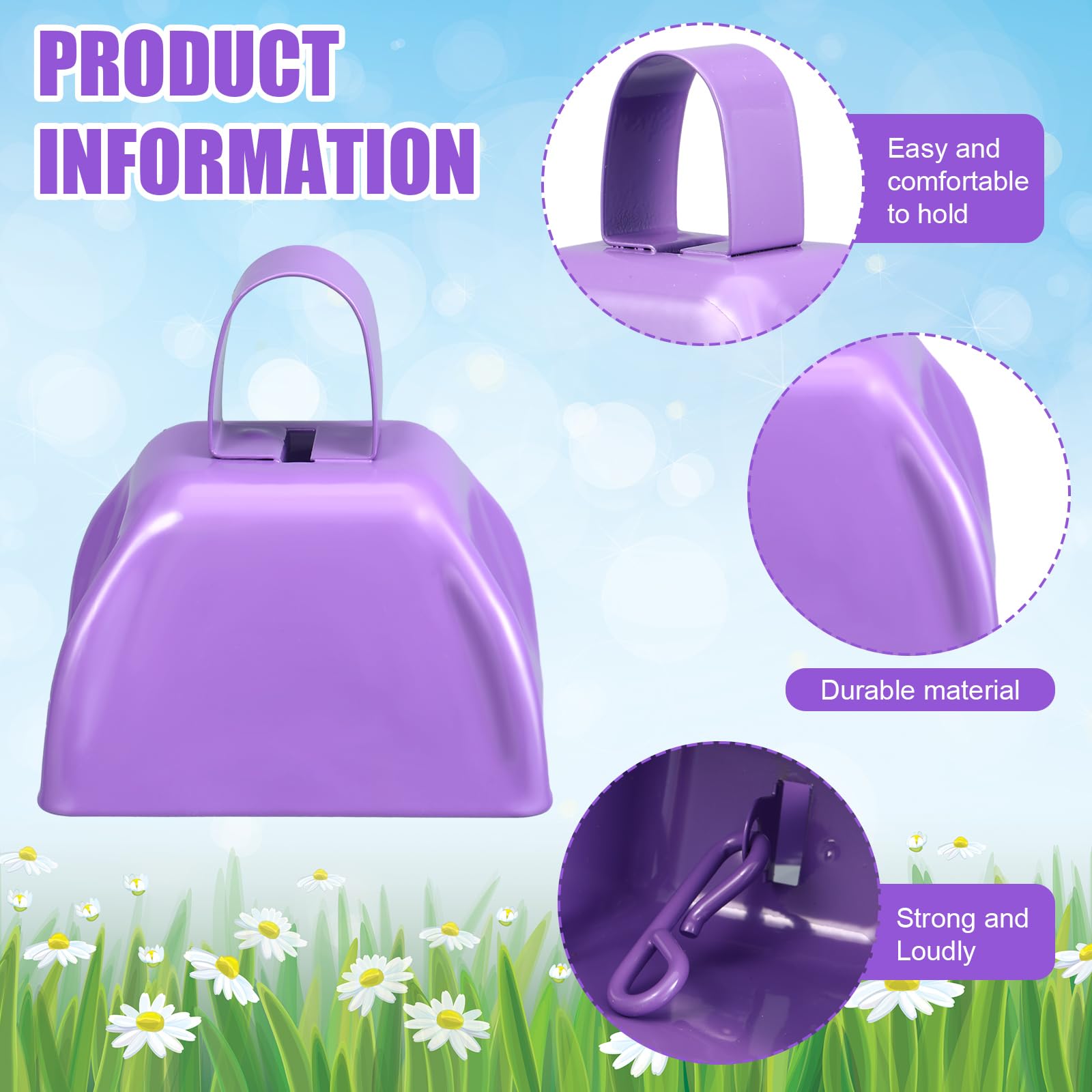 Therwen 12 Pack Metal Cow Bells Noise Makers With Handle 3 Inch Hand Percussion Cowbells Bulk Loud Call Bell For Sporting Events