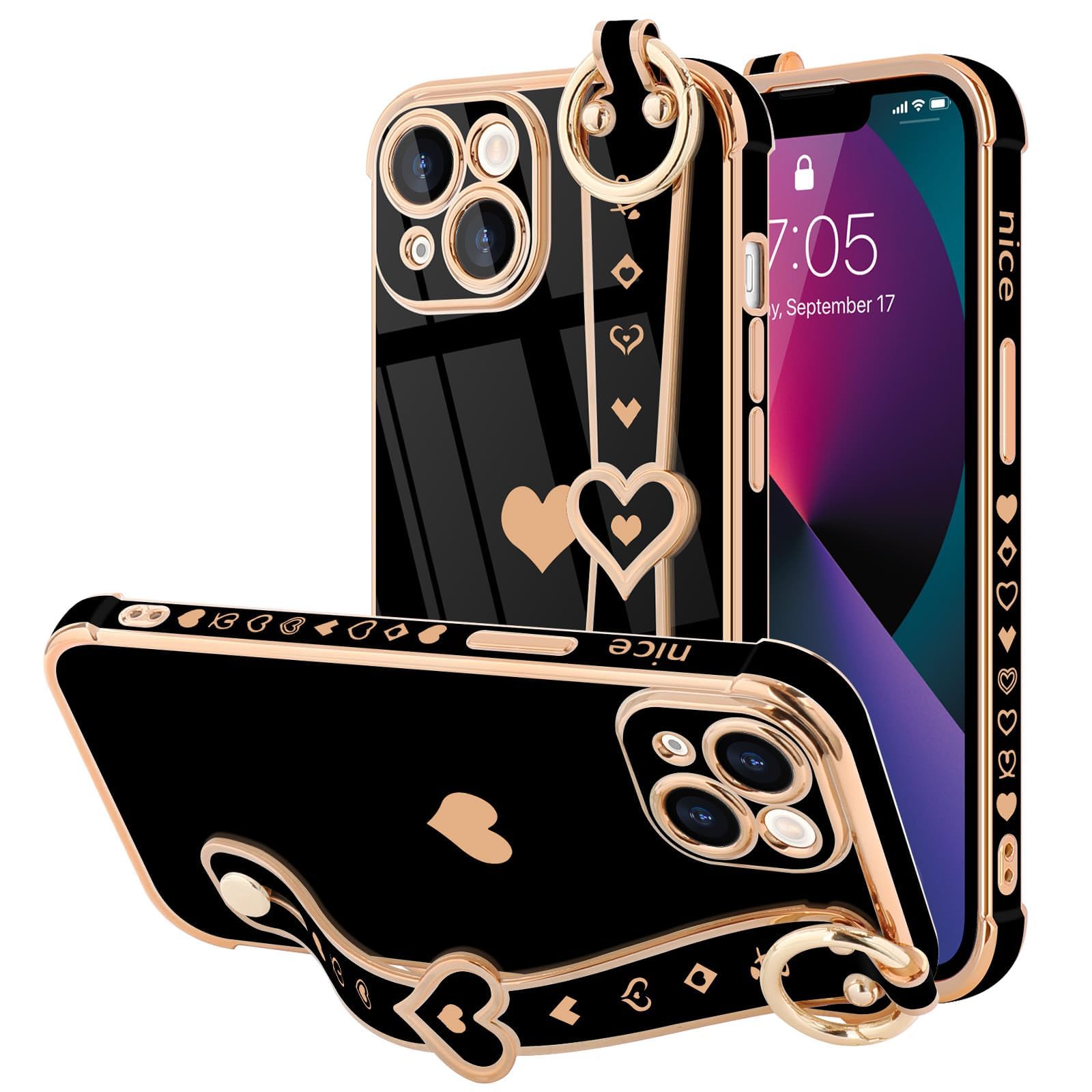 Llz.Coque For Iphone 13 Case Cute Love Heart Plating Strap Phone Cover For Women Girlss Bling Soft Silicone Camera Lens Protecti