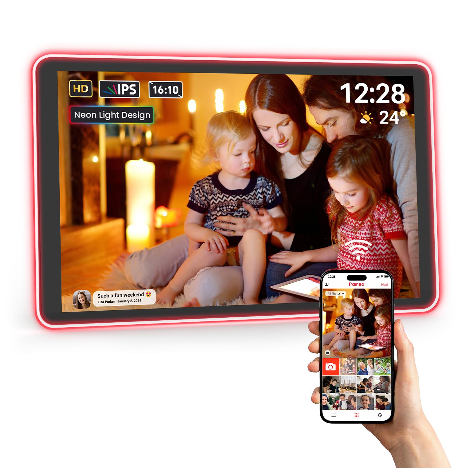 Apolosign Neon Light Digital Picture Frame, 10.1'' 1280 * 800 16:10 Ips Touchscreen, Frameo, Wifi, Sd Card, Led Auto Rotate Digi