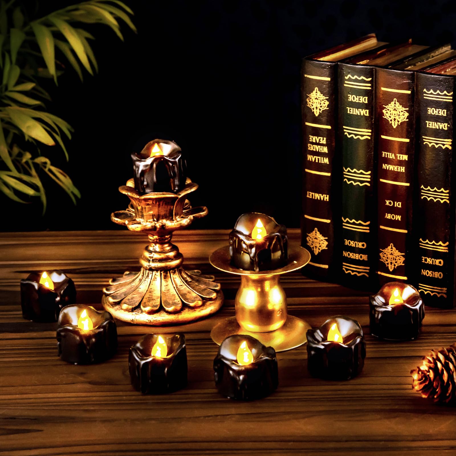 Windshell Black Tealight Candles With Timer, Melting Design (Plastic), Battery Operated Led Flameless Tea Lights For Party, Wedd