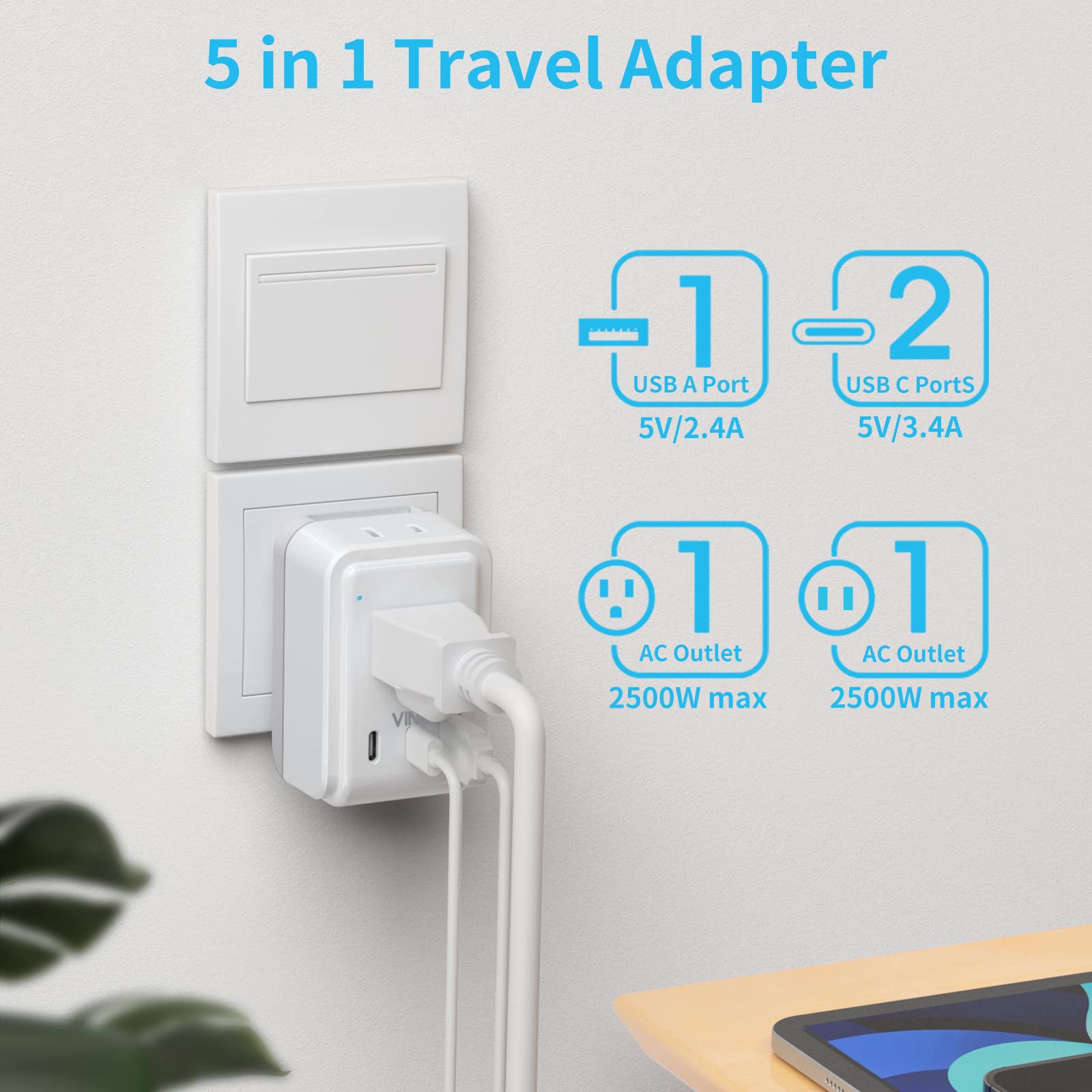 Vintar European Travel Plug Adapter Kit, Uk Adapters For Travel With 3 Usb Ports (2 Usb C) & 2 American Outlets, Type C,G Swap&A