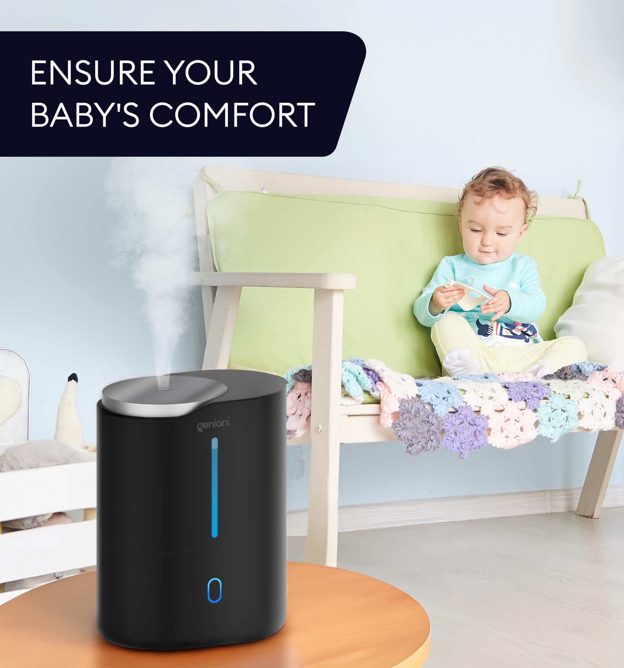 Geniani Cool Mist Air Humidifiers For Bedroom, Plants, And Large Rooms   Quiet Humidifiers For Baby Room With Auto Shut Off & Ni