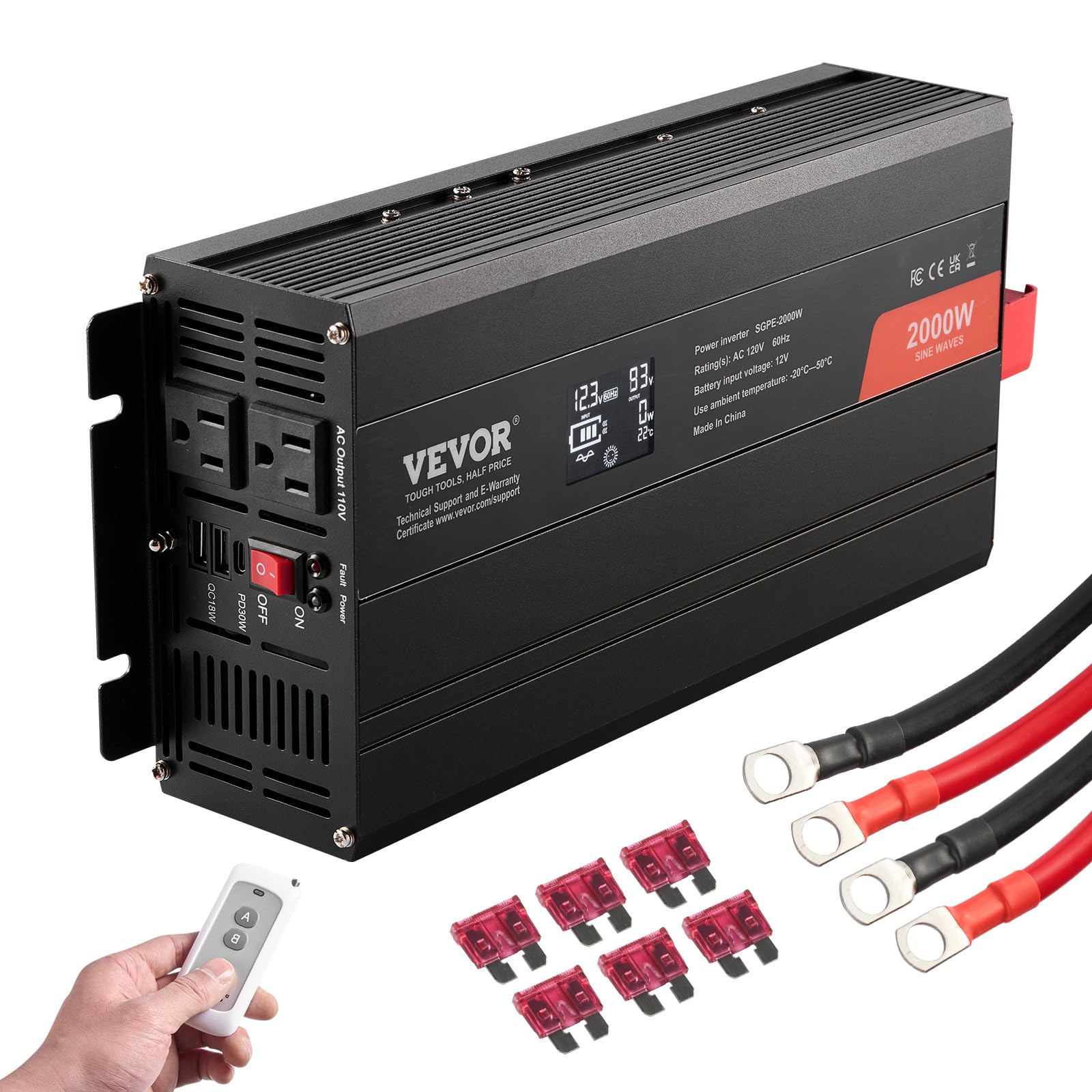 VEVOR Pure Sine Wave Inverter, 2000 Watt, DC 12V to AC 120V Power Inverter with 2 AC Outlets 2 USB Port 1 Type-C Port, LCD Displ