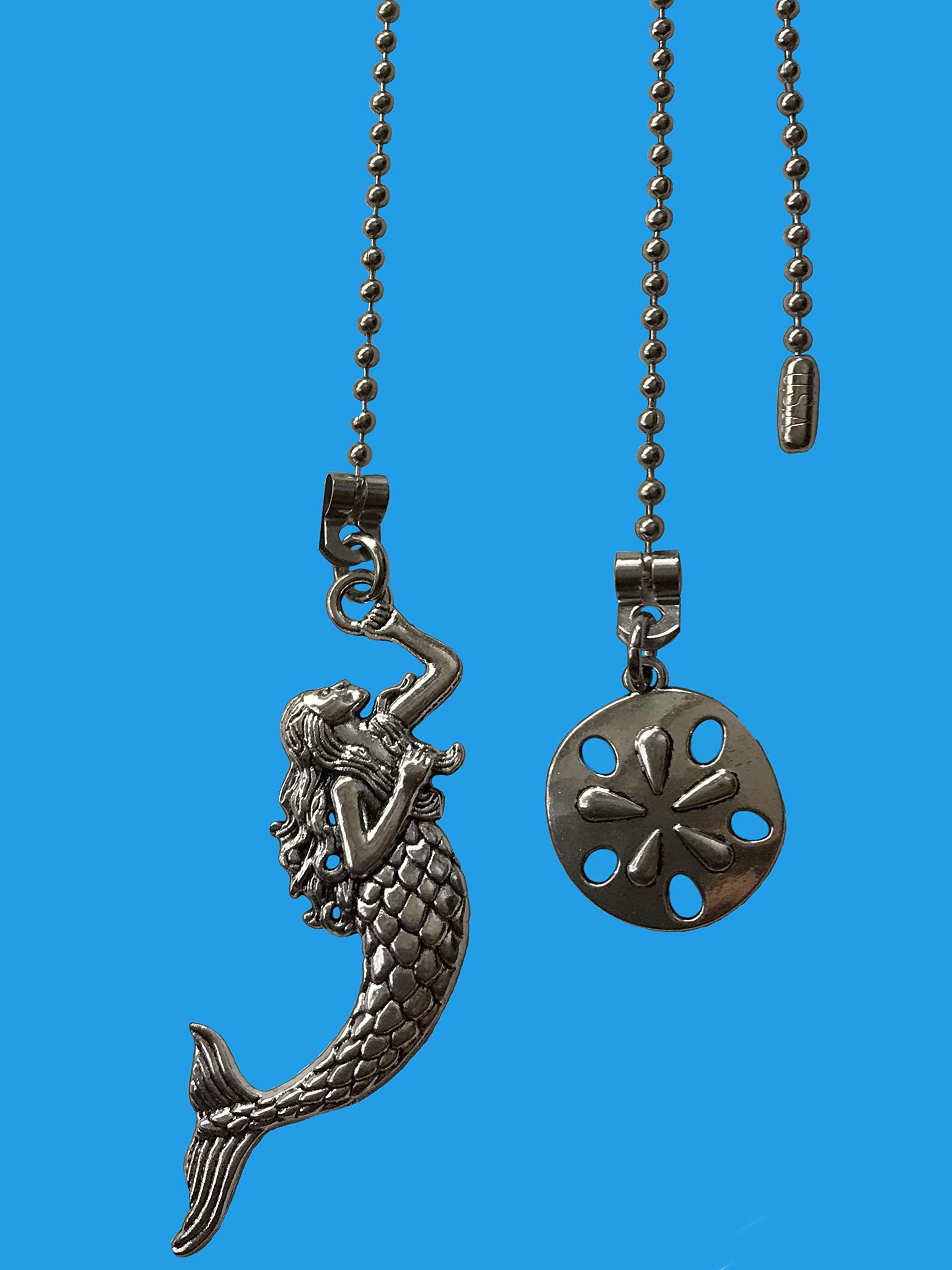 Large Mermaid & Sand Dollar Fan Light Pull Chain Ornament Extender Set Silver Tone