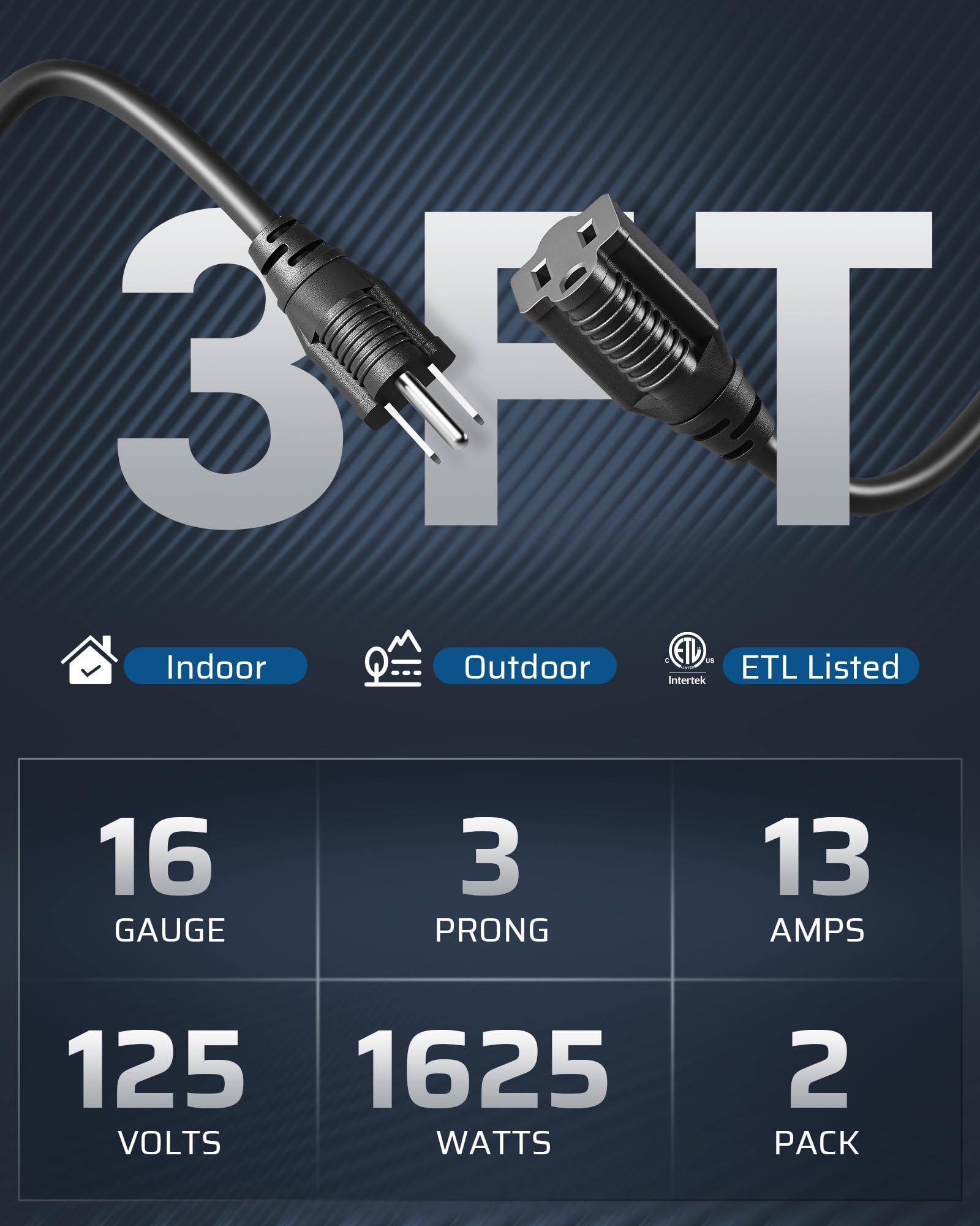 Dewenwils 3 Foot Extension Cord, 16 Awg Sjtw Weatherproof Power Cable For Indoor Outdoor Use, 3 Prong Grounded Outlets Plugs For