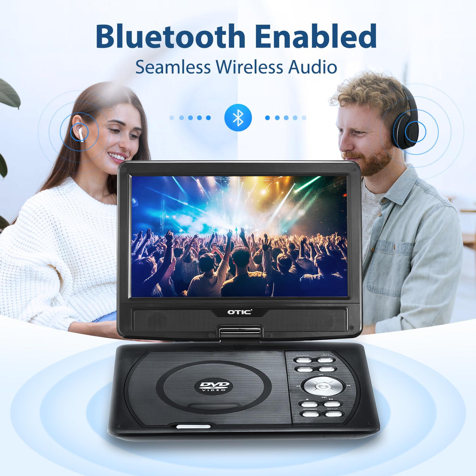 Otic 12'' Portable Dvd Player With Bluetooth Function, 10.1'' Hd Swivel Display Screen, 5 Hour Rechargeable Battery, Support Cd/