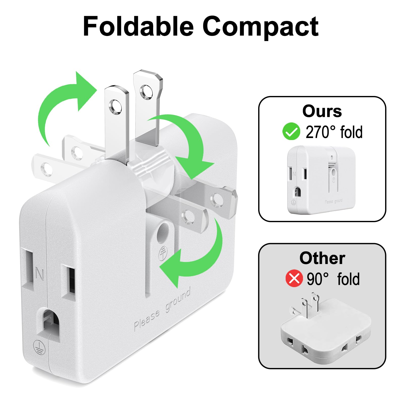 Etwincoo 2 3 Prong Adapter Swivel Polarized Grounding Converter, Fireproof 3 Outlet Adapter For Household, 2 Pack