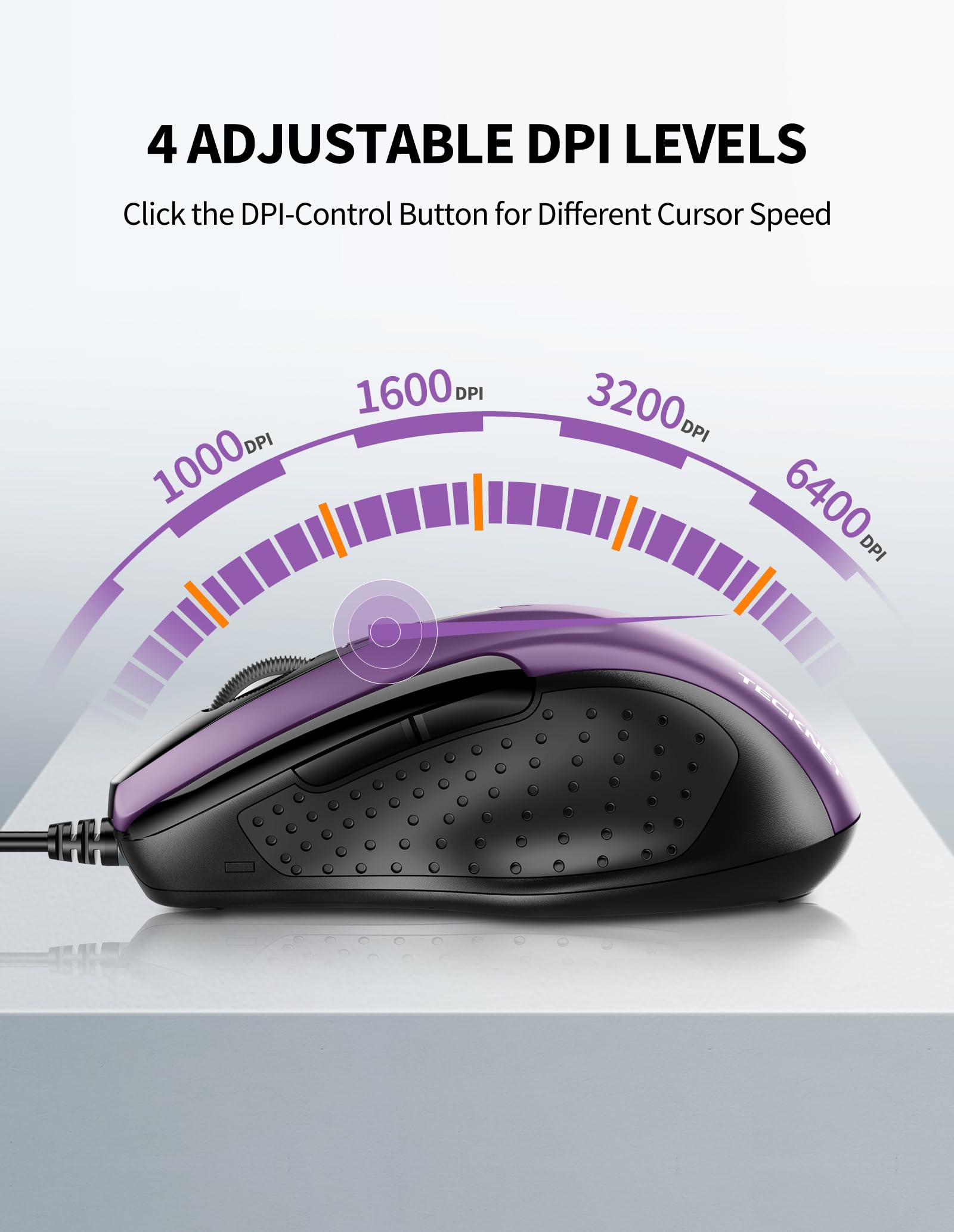 Tecknet Usb Wired Mouse, 6 Button Corded Mouse With 4 Adjustable Dpi, Optical Computer Mouse With Ergonomic Design And 5Ft Cord For Laptop, Chromebook, Pc, Desktop, Mac, Notebook Purple