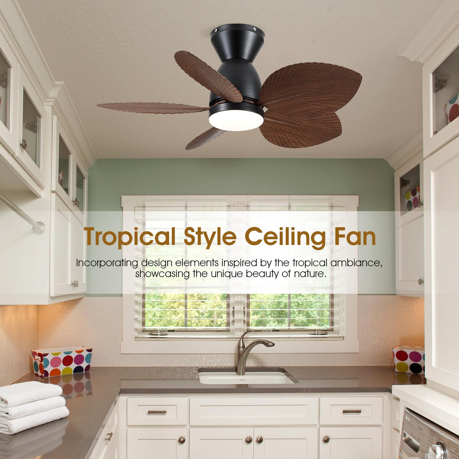 Kviflon Low Profile Ceiling Fans With Lights And Remote/App Control, 30 Inch Small Tropical Ceiling Fan With Light Flush Mount,