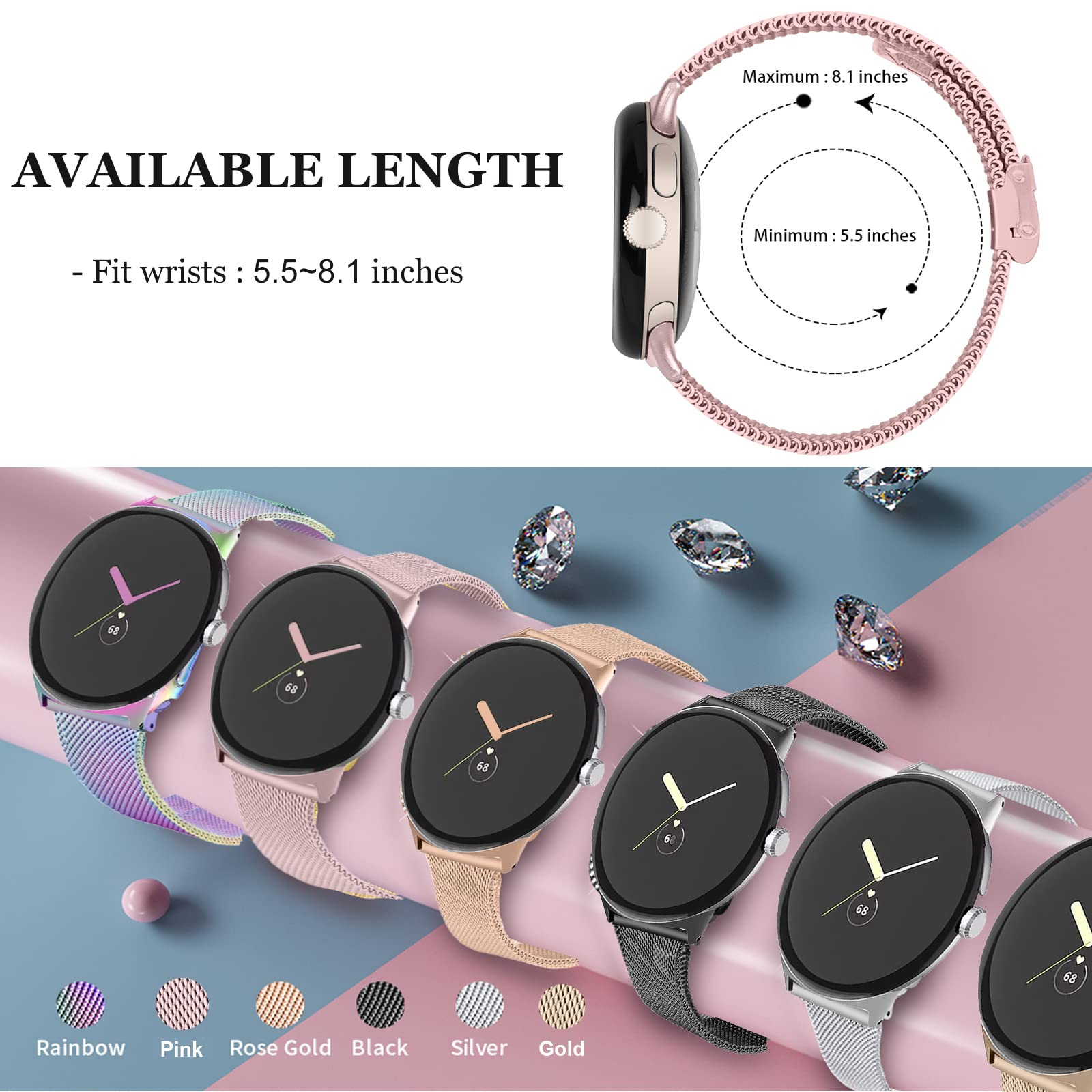 Ninki Stainless Steel Watch Band Compatible For Slim Google Pixel Watch 2 Bands/Pixel Watch Band Women Men,[No Gap] Metal Busine