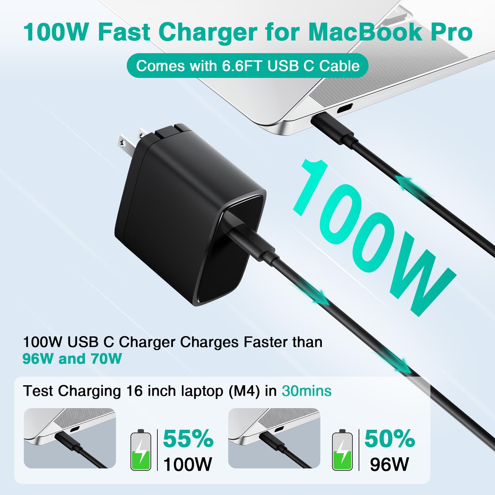 100W Charger For Macbook Pro/Air 13 14 15 16 Inch M4 M3 M2 M1 2025 2024 2023 2022 2021 2020 2019, Fast Usb C Laptop Charger Powe