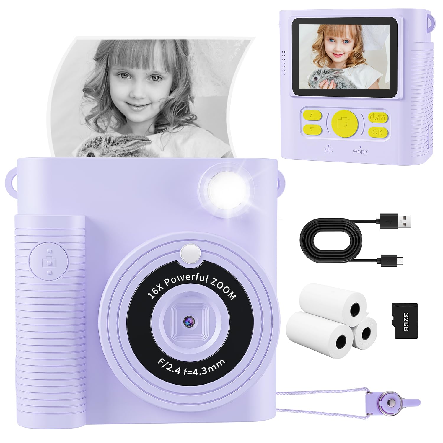Ykslemon Kids Camera, Instant Print 1080P Hd Digital Camera, 32G Sd Card, 3 Rolls Photo Paper, For 3 14 Year Old Girls & Boys