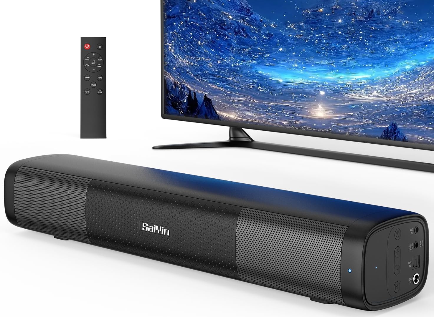 Saiyin 15.2 Inch Compact Sound Bar For Smart Tv, 50W Soundbar For Tv With Bluetooth5.3, Opt & Aux, Easy Setup & Wall Mountable, 