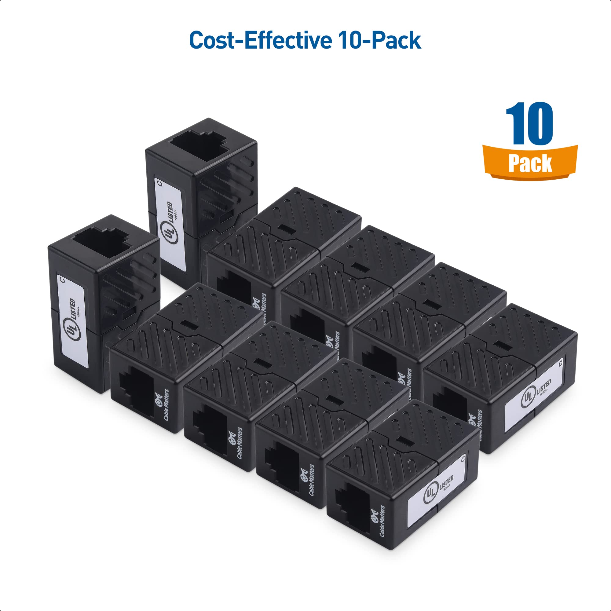 Cable Matters [UL Listed] 10 Pack 10Gbps Cat 6 Ethernet Coupler (RJ45 Coupler, Cat6 Coupler, Ethernet Extender Adapter) in Black, Compatible with Cat6A, Cat5e