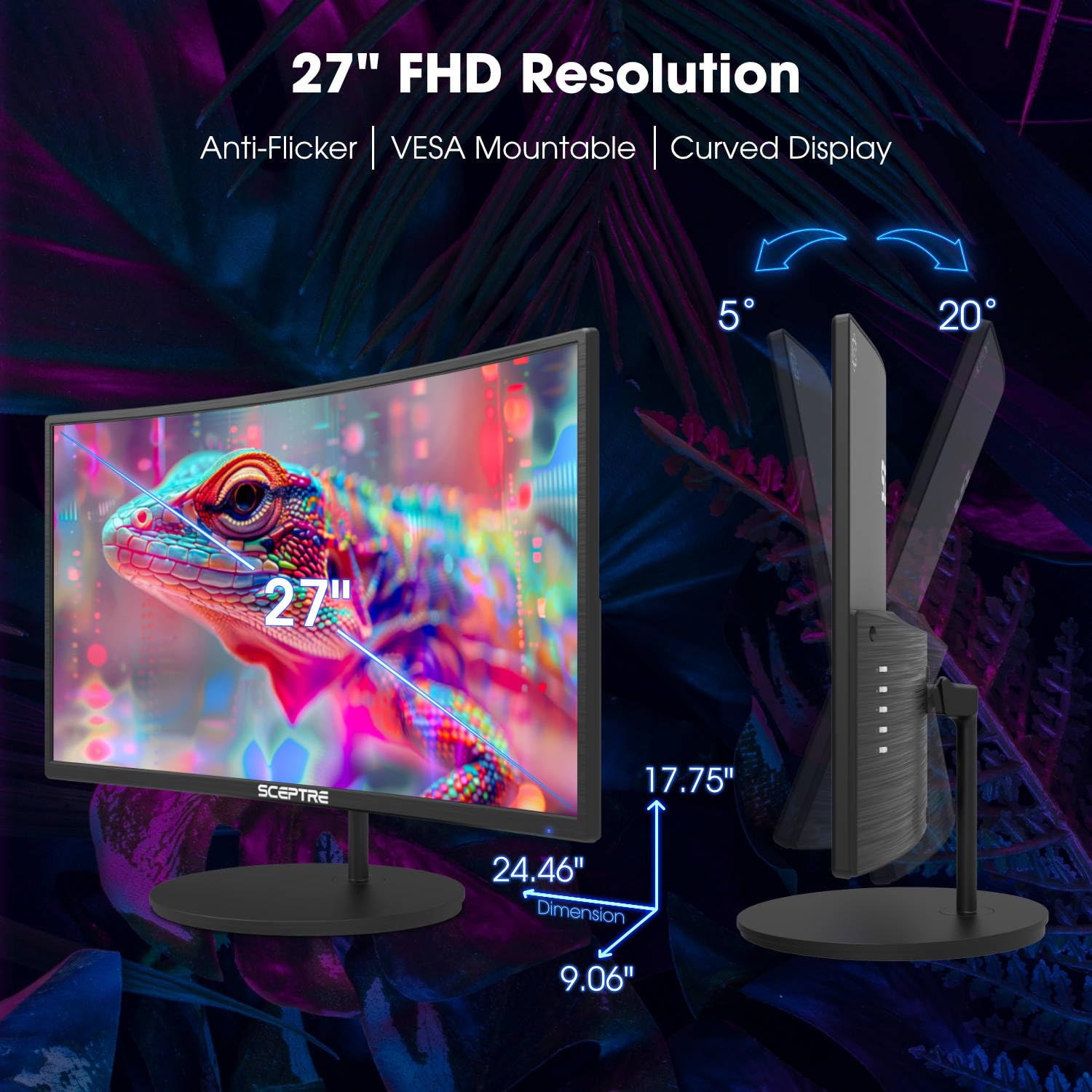 Sceptre Curved 27 Fhd 1080P 75Hz Led Monitor Hdmi Vga Build-In Speakers, Edge-Less Metal Black 2019 (C275W-1920Rn)