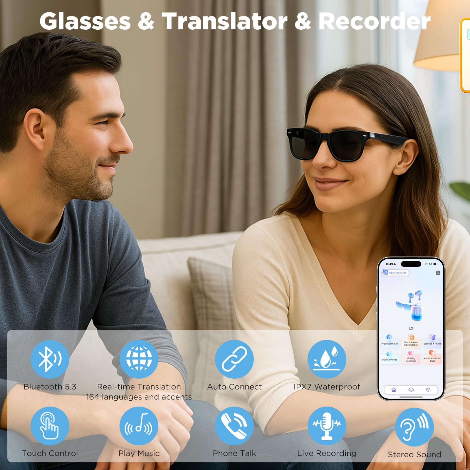 Anpress Smart Glasses Men Women Ai Bluetooth Glasses With 164 Languages & Accents Real Time Translation, Ai Translator Glasses W