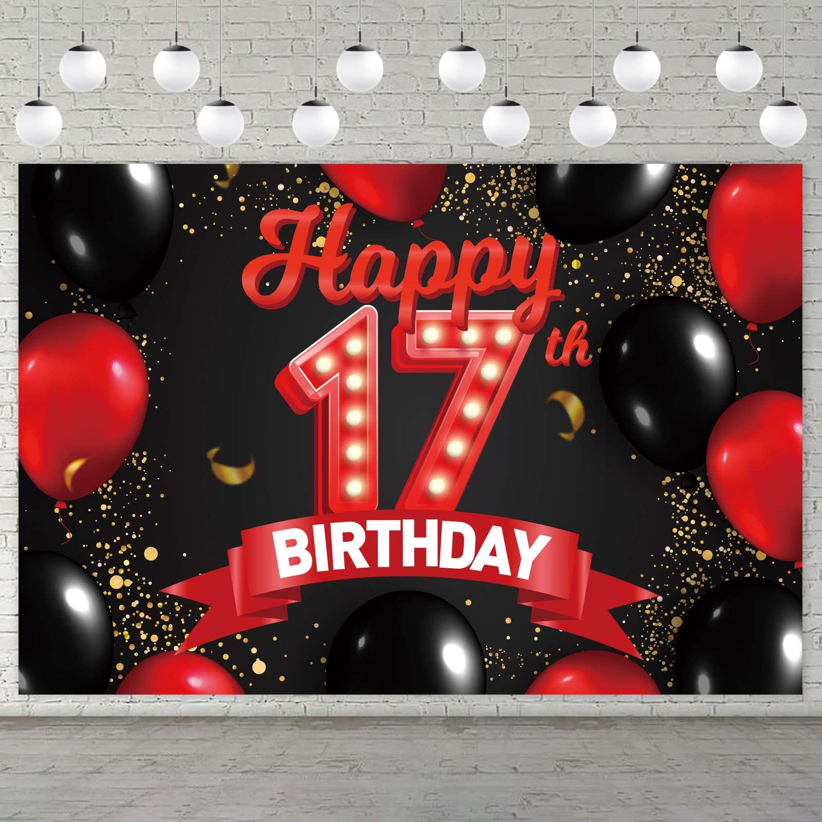 Happy 17Th Birthday Red And Black Banner Backdrop Decorations Balloons Theme Decor For Girls Women Princess 17 Years Old Birthda