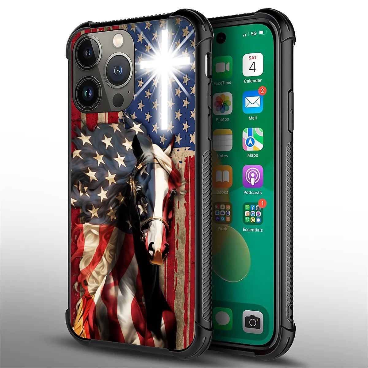 Fkbrcl4U For Iphone 13 Pro Max Case, Red American Flag Horse Cross Pattern Graphic Design Girl Boy Soft Silicone Hard Acrylic Sh