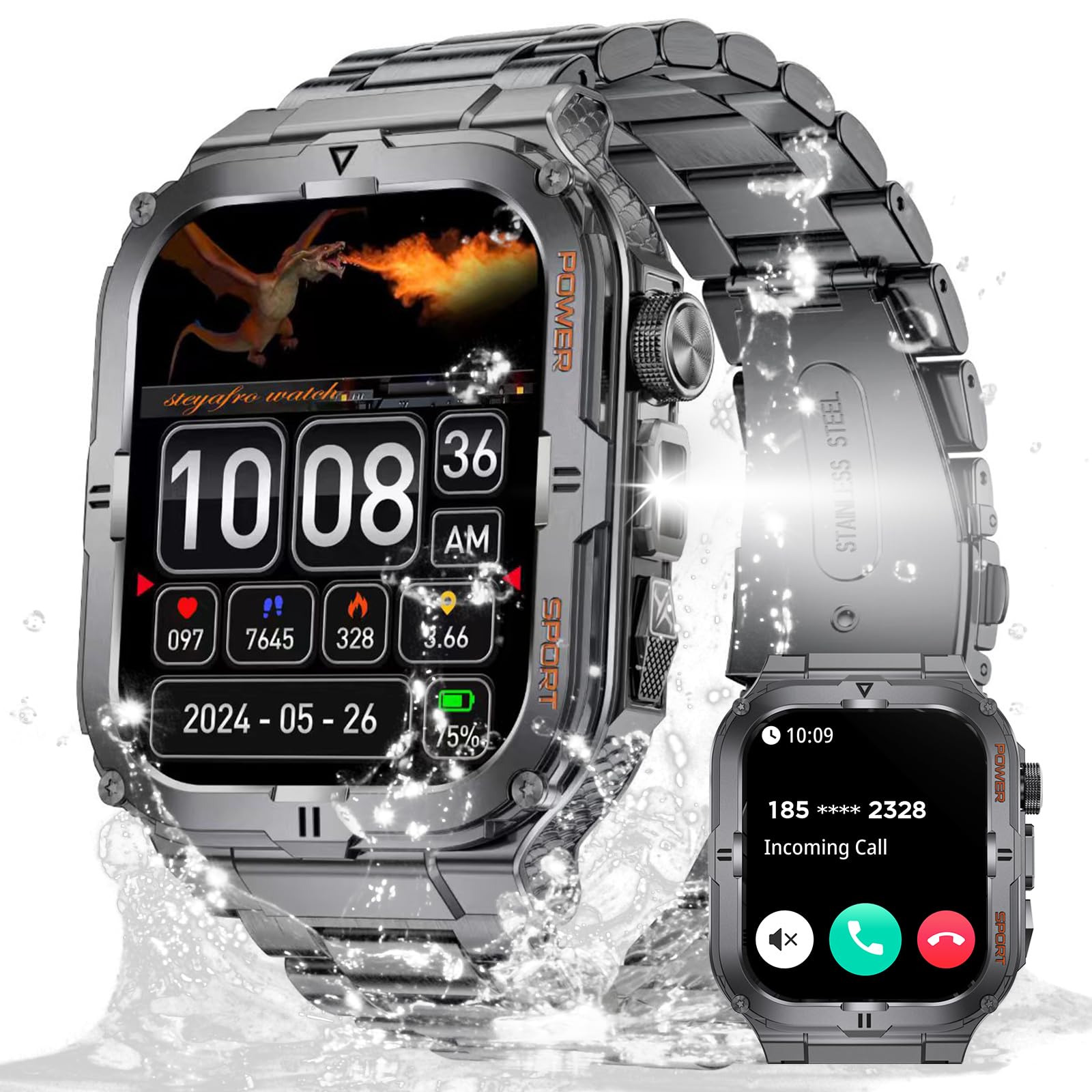 Military Smart Watch for Men with LED Flashlight 3ATM Waterproof 1.96 Big Screen Rugged Tactical Smartwatch with Call Sports Fit