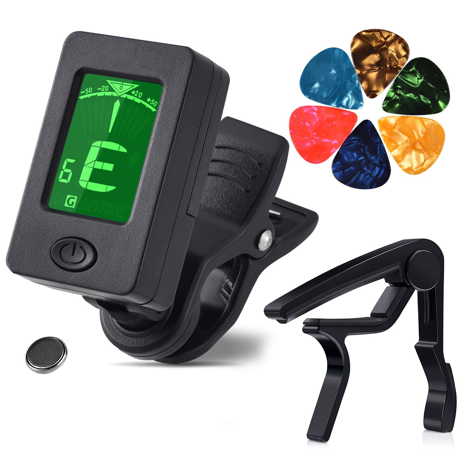 Moreyes Guitar Capo Tuner Clip On Guitar, Violin, Bass, Ukulele Chromatic With Picks (Tuner And Black Capo)