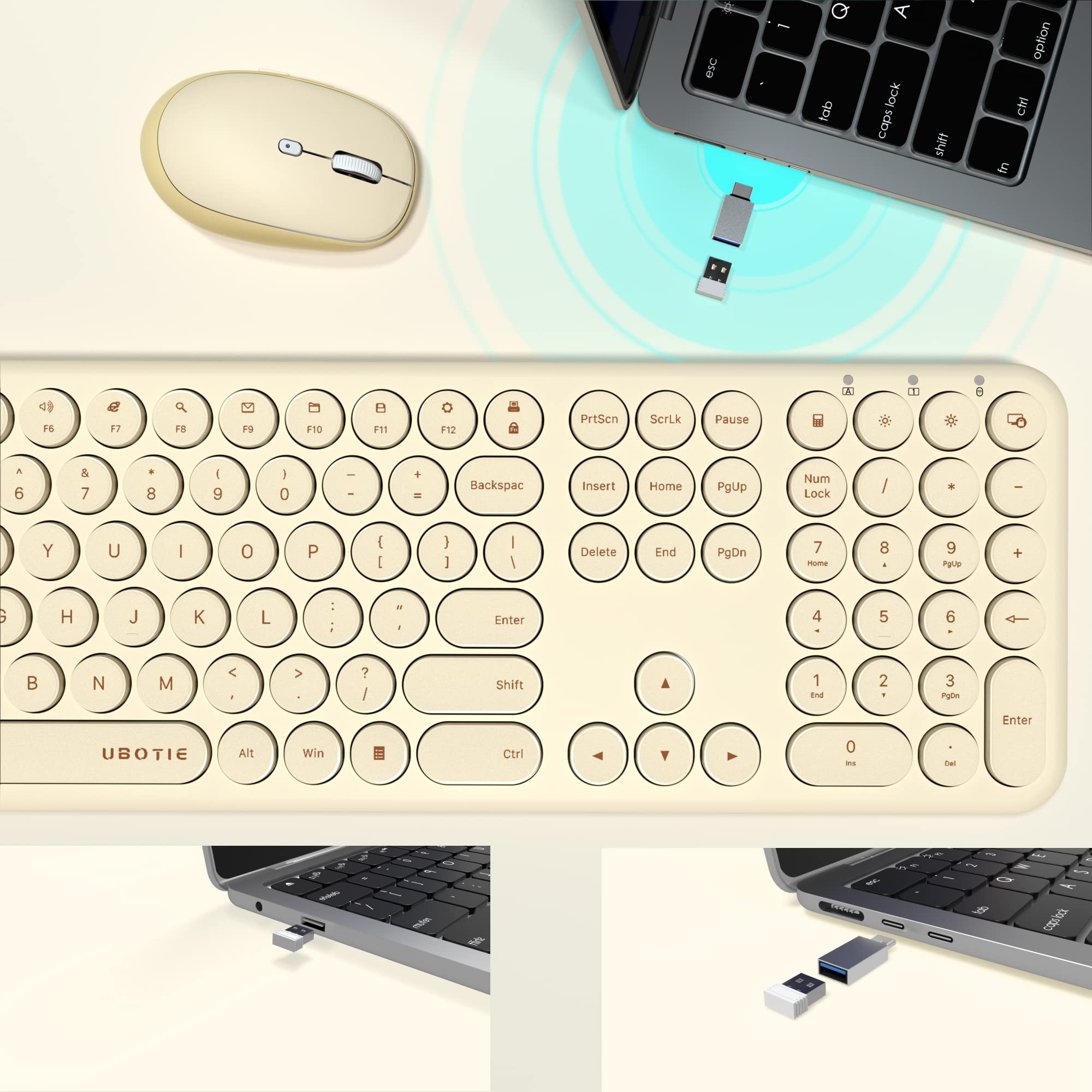 Ubotie Wireless Keyboards And Mouse, Quiet Scissor Switches Slim Keyboards Mice Set, Silent Full Size 111 Round Keycaps With Adj