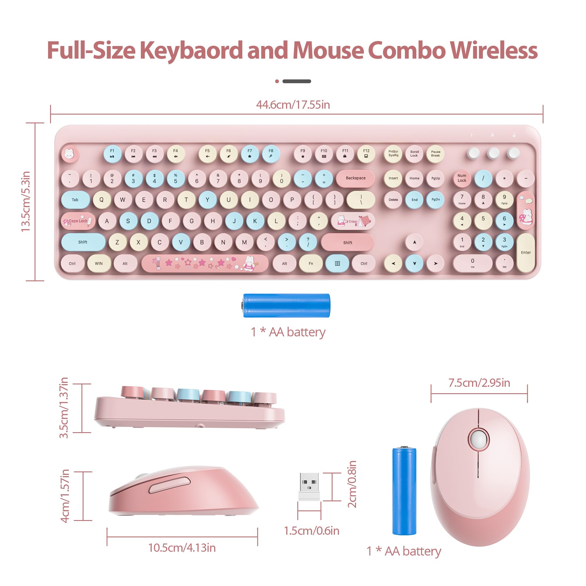 Fogruaden Pink Keyboard And Mouse Wireless, Retro Typewriter Keyboard, 2.4Ghz 104 Keys Full Size Cute Keyboard With Number Pad,